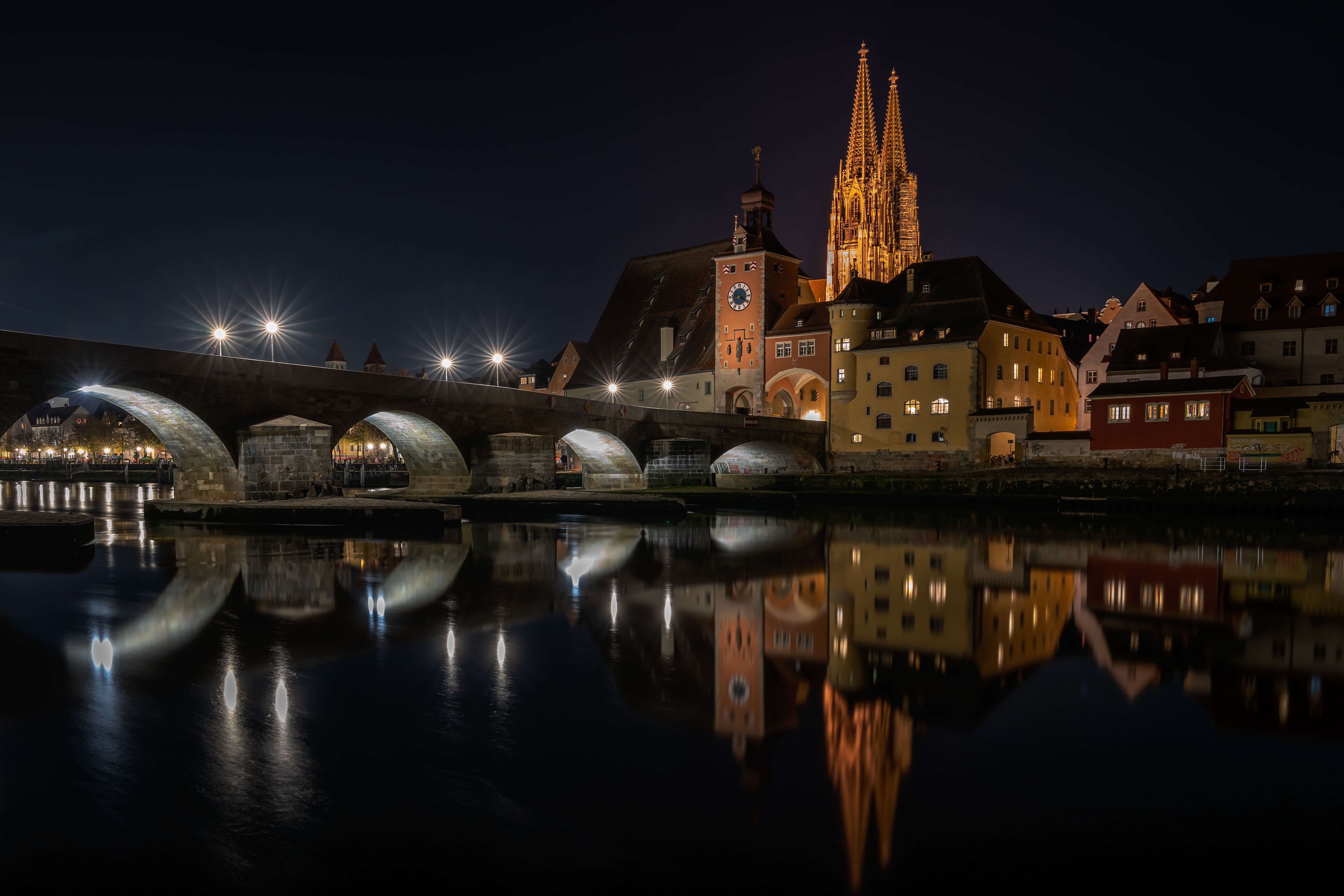 the city, Regensburg, night, 5K, Stony Bridge, HD Wallpaper