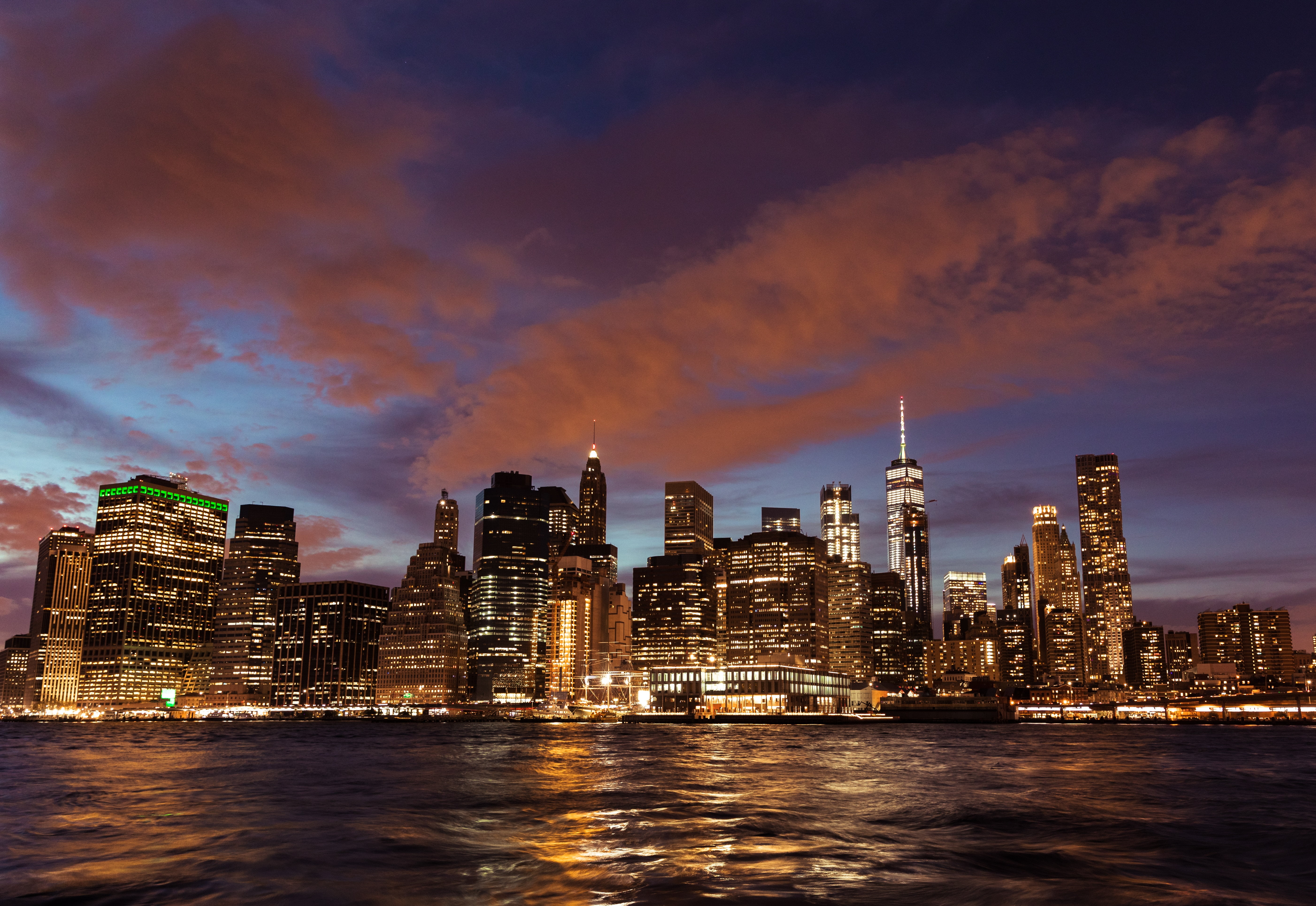 illuminated, landscape, built structure, modern, sky, skyscrapers, stony brook, tower, travel destinations, water, building, building exterior, rise, skyscraper, HD Wallpaper