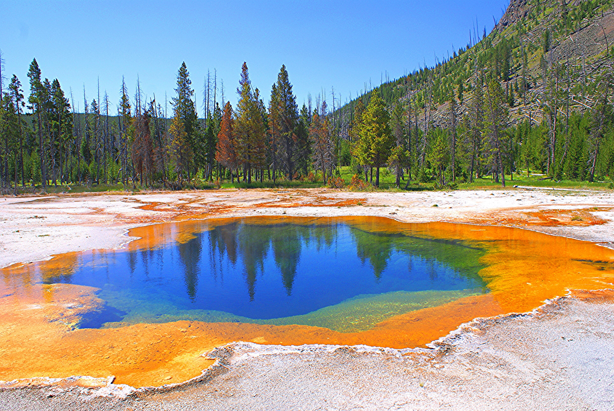 USA, lake, geyser, trees, Yellowstone National Park, mountains, autumn, the sky, 1080P, HD Wallpaper