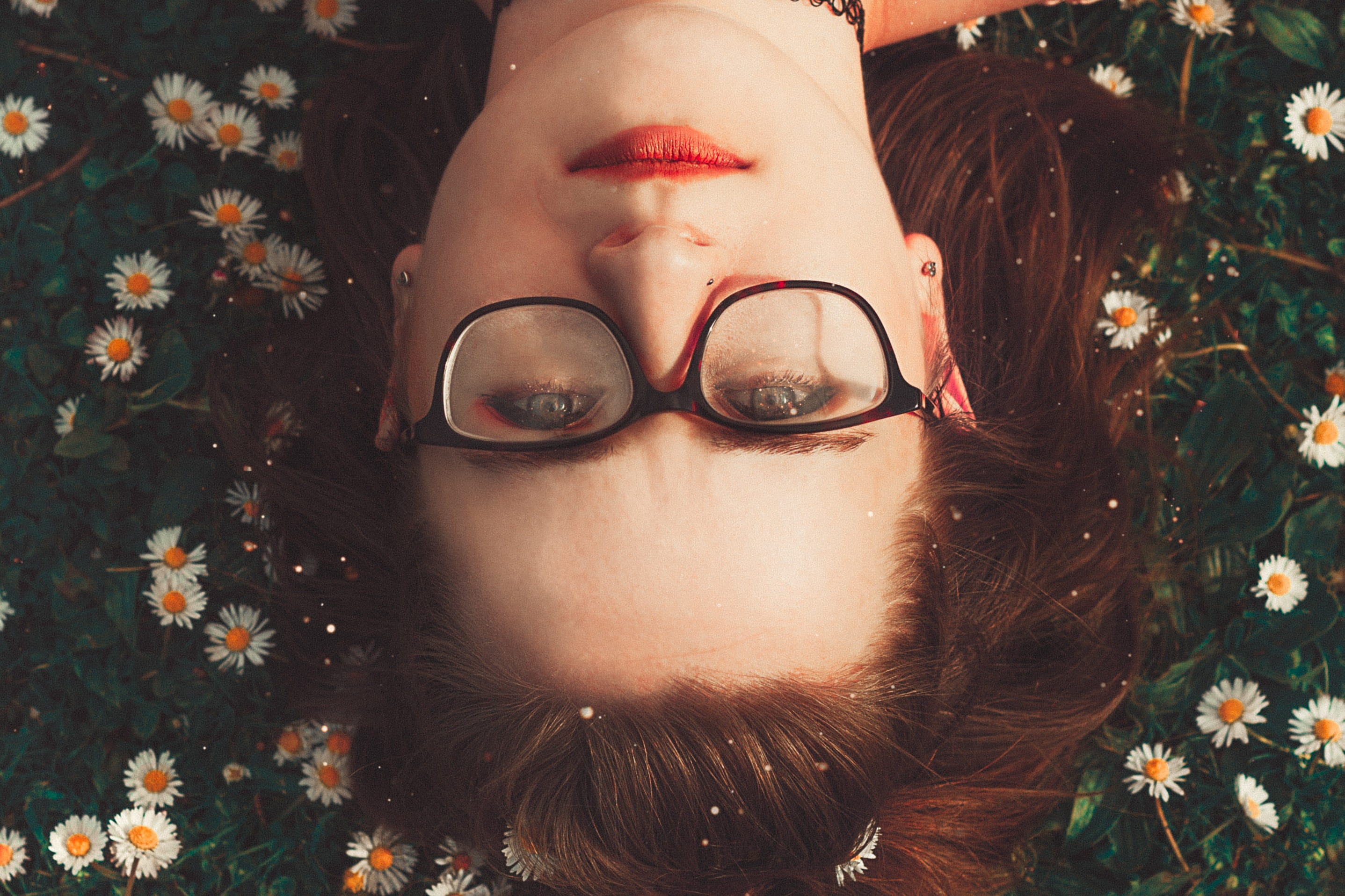 hairstyle, people, plant, adult, child, portrait, beautiful woman, lying down, red, person, 2K, flower, brown hair, one person, upsidedown, beauty, headshot, HD Wallpaper