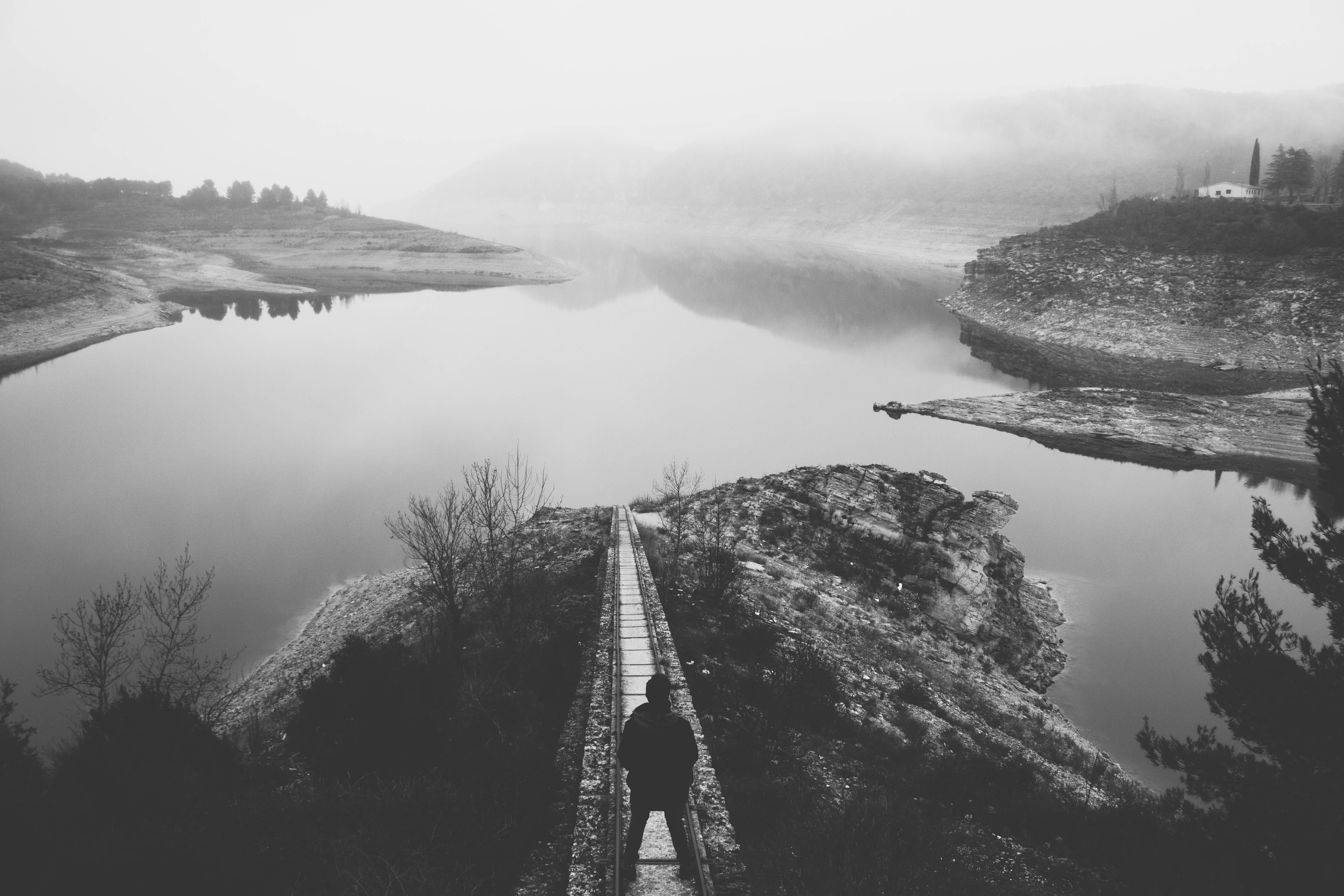 tranquility, real people, water, tree, fog, nature, beauty in nature, upsidedown, scenics - nature, rear view, rail, mountain, plant, high angle view, tranquil scene, HD Wallpaper