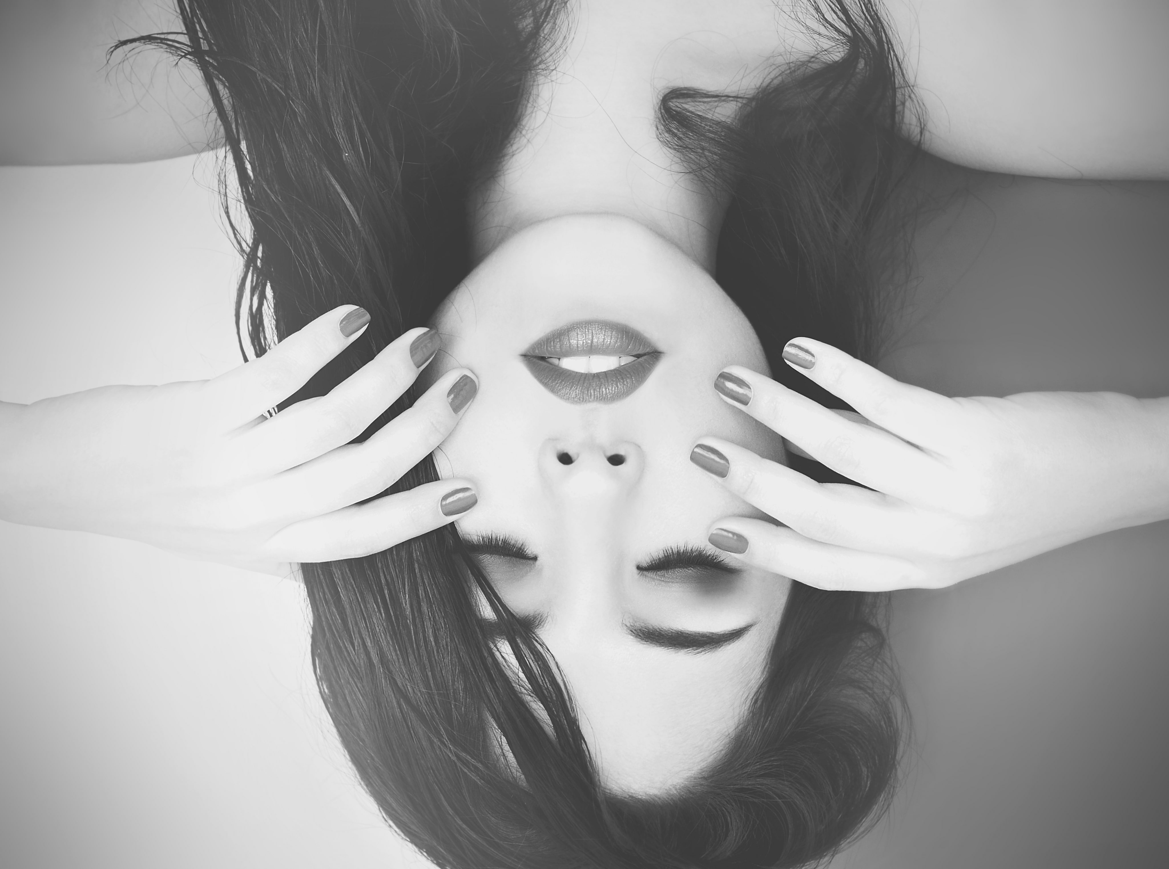 blackandwhite, females, body part, upside, Asian, blancoynegro, Adobe, indoors, long hair, headshot, lifestyles, front view, close-up, d7000, HD Wallpaper