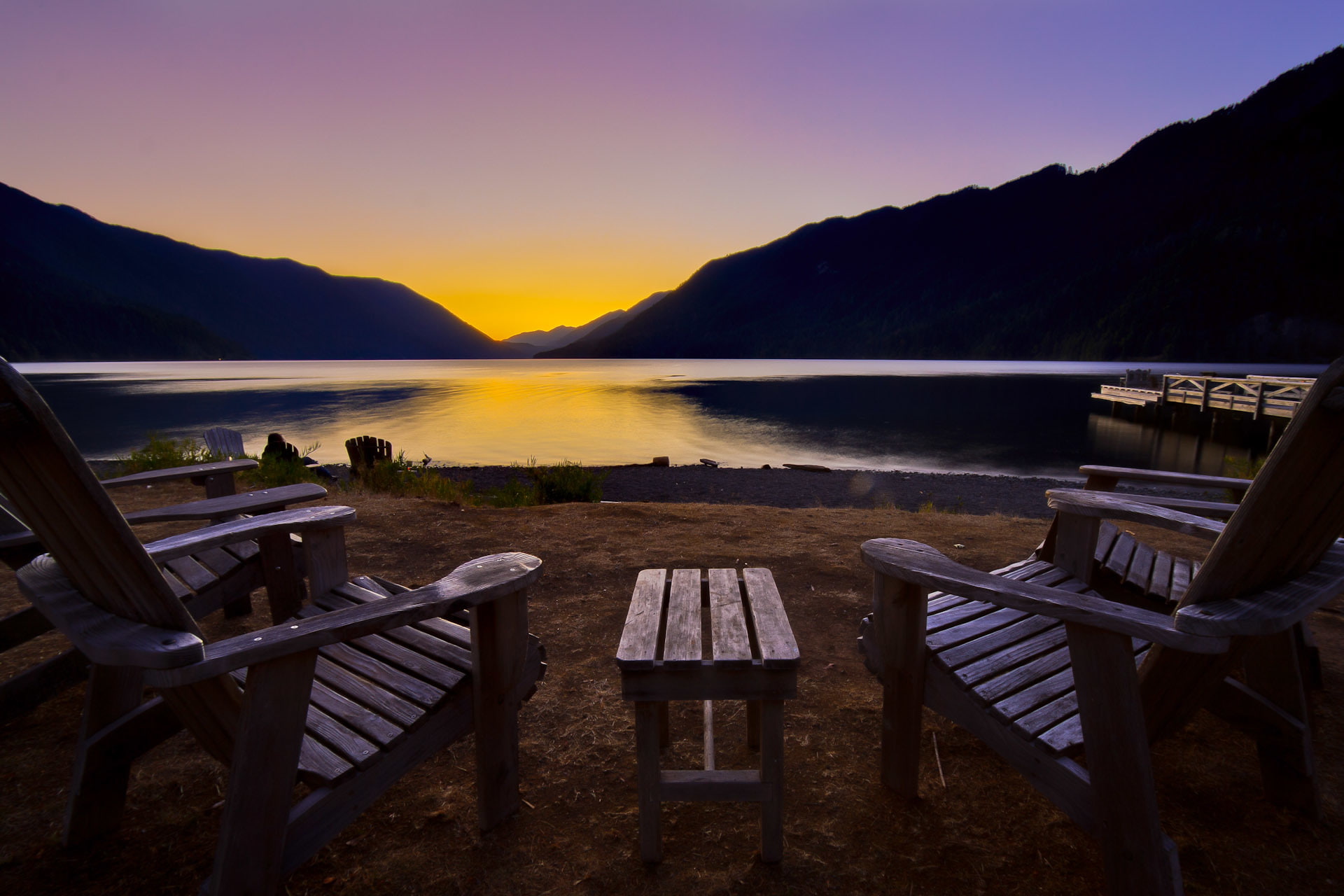 table, chairs, mountains, Washington, shore, lake crescent lodge, olympic national park Crescent, lake, 1080P, sunset, landscape, HD Wallpaper
