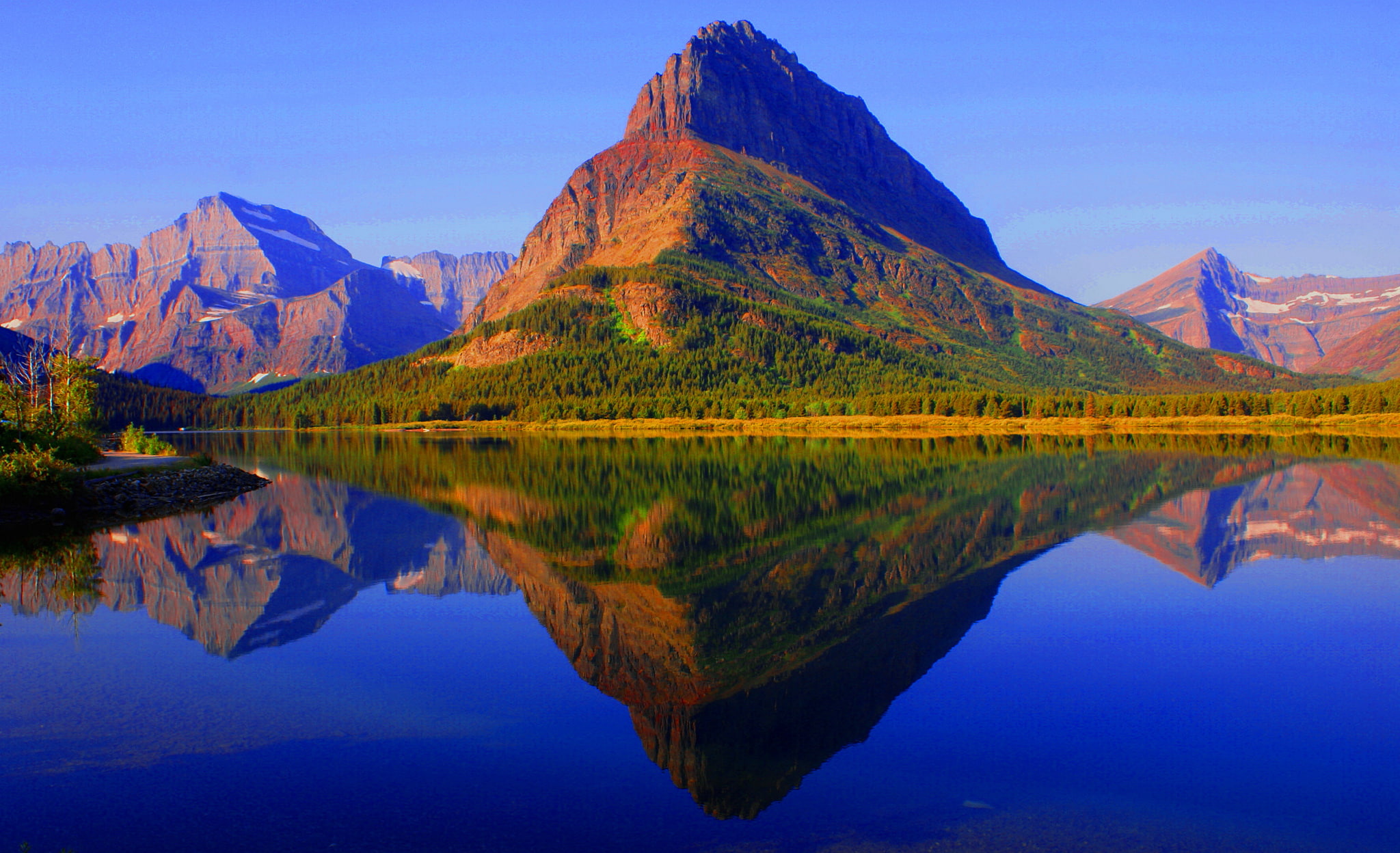 autumn, the sky, reflection, lake, forest, Montana, swiftcurrent, glacier national park, USA, mountains, 1080P, HD Wallpaper