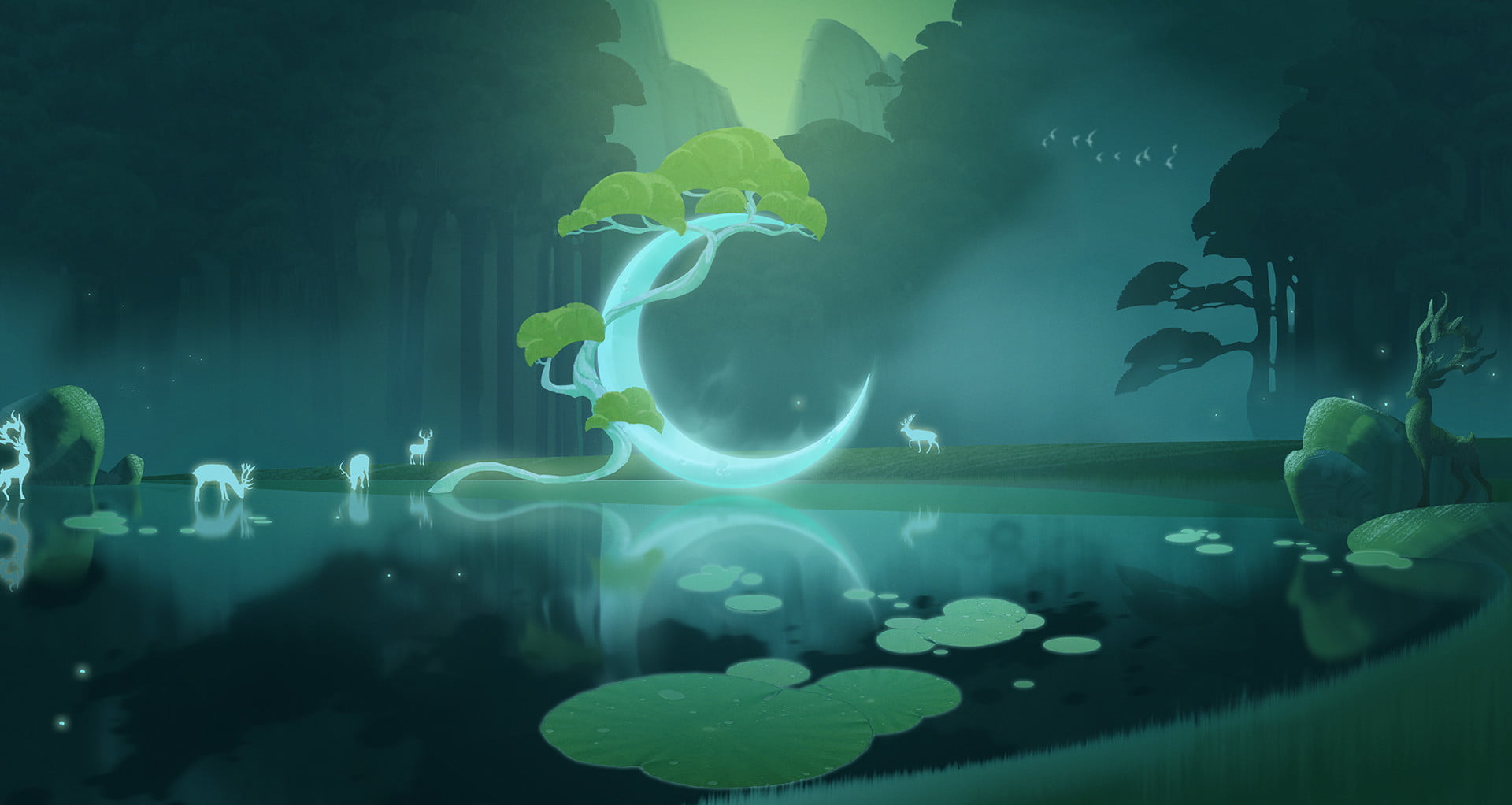forest, digital art, lake, crescent moon, 1080P, deer, fantasy art, lily pads, reflection, trees, Qian Wei, HD Wallpaper