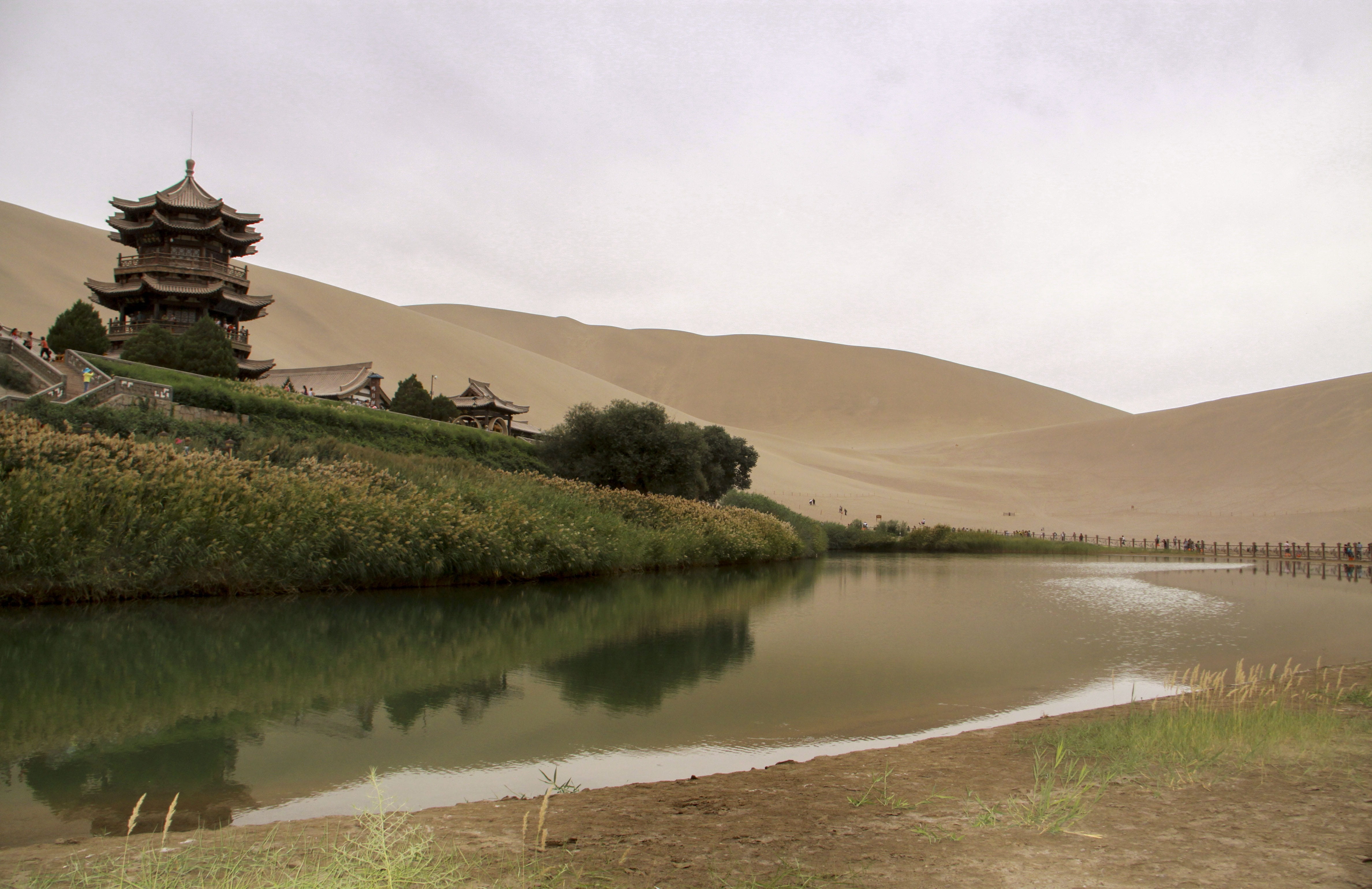 mountain, plant, 4K, tranquility, body, architecture, tranquil scene, pagoda, crescent lake, reflection, dunhuang, water, religion, china, landscape, nature, HD Wallpaper