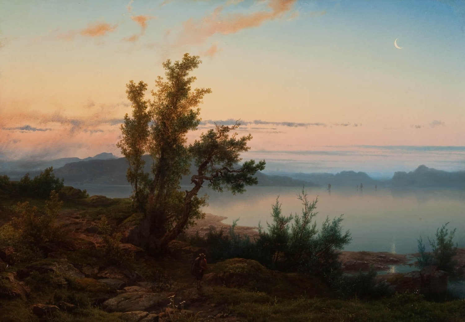 720P, painting crescent moon lake trees classic art, HD Wallpaper