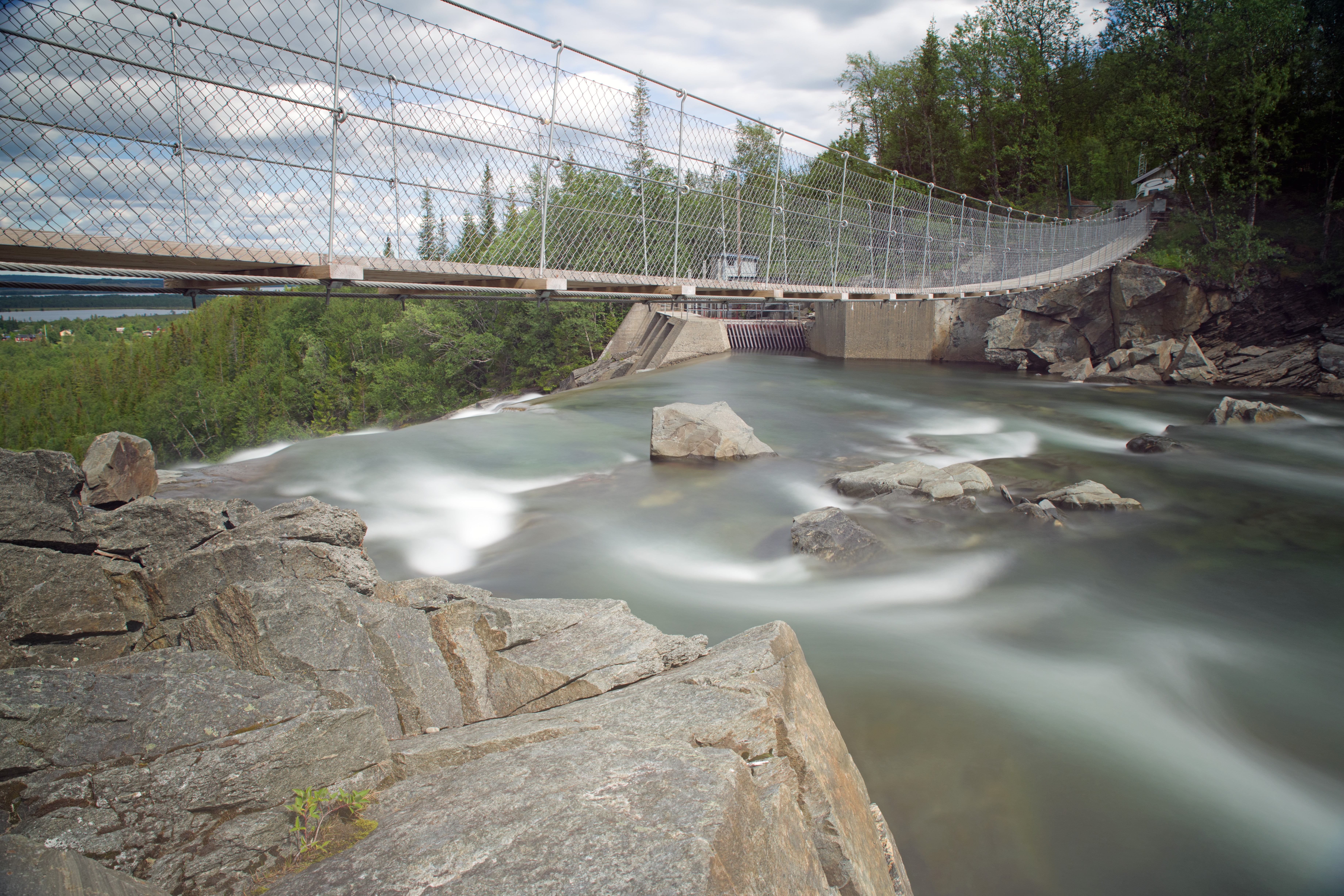 suspension bridge, rock, sweden, tree, landscape, solid, day, bach, rock - object, water, 5K, architecture, plant, power in nature, waterfall, bridge - man made structure, HD Wallpaper