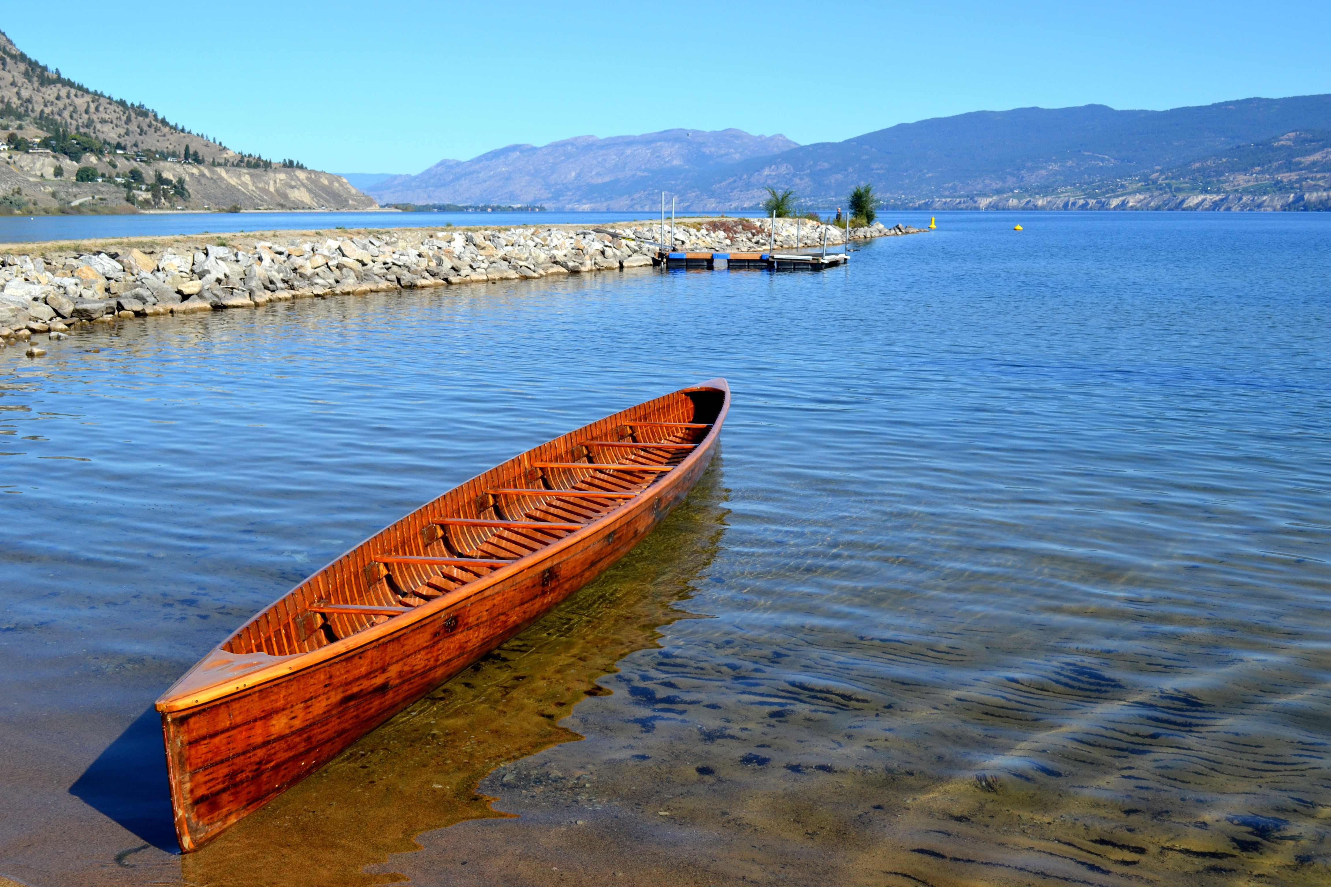 okanagan, war canoe, scenics - nature, body, boat, paddle, day, landscape, transportation, blue, lake, brown, tranquility, architecture, summer, water, HD Wallpaper