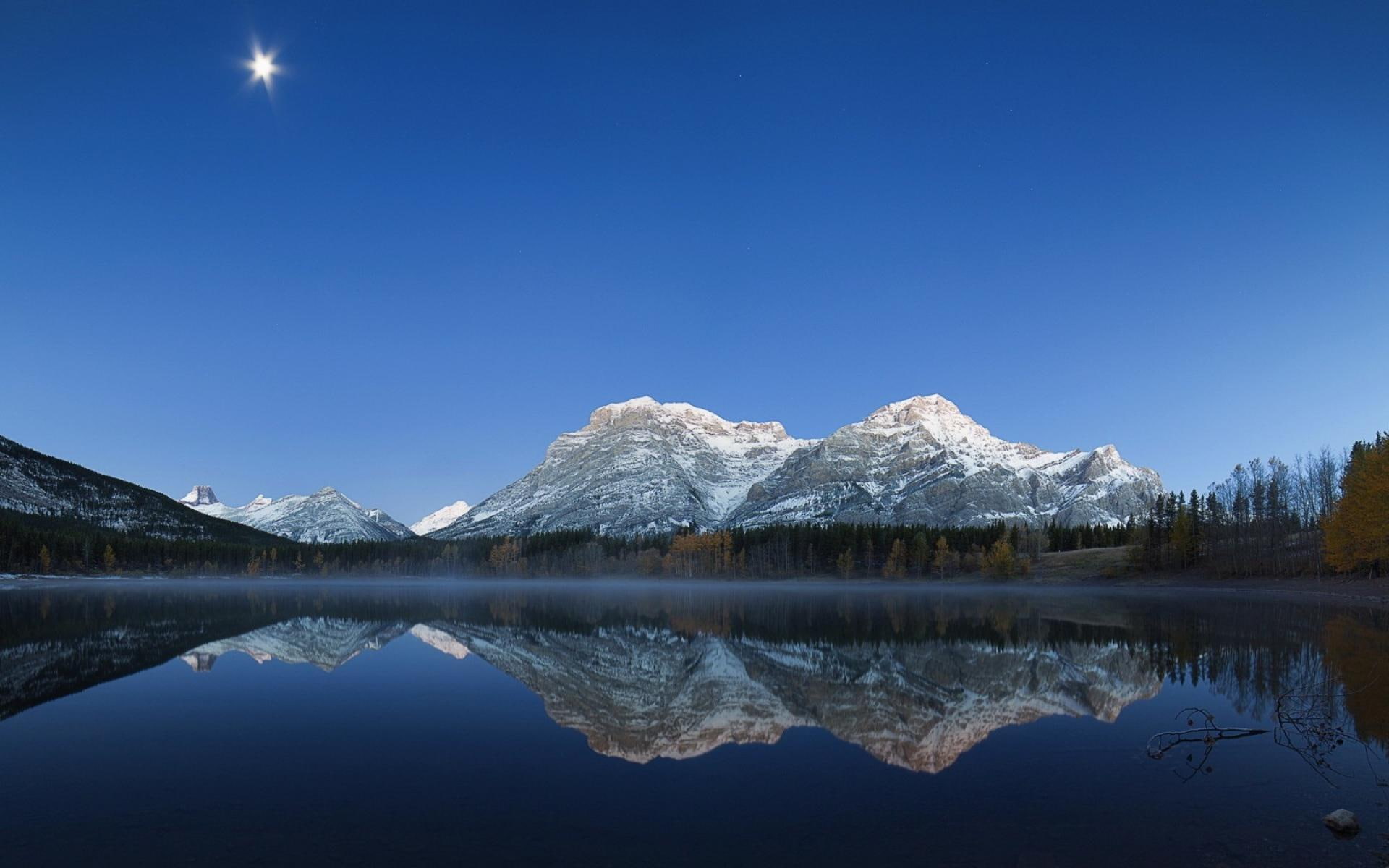 reflection, kananaskis, lakes, country, alberta, mountains, mobile, sky, autumn, fall, moon, landscape, trees, 1080P, HD Wallpaper