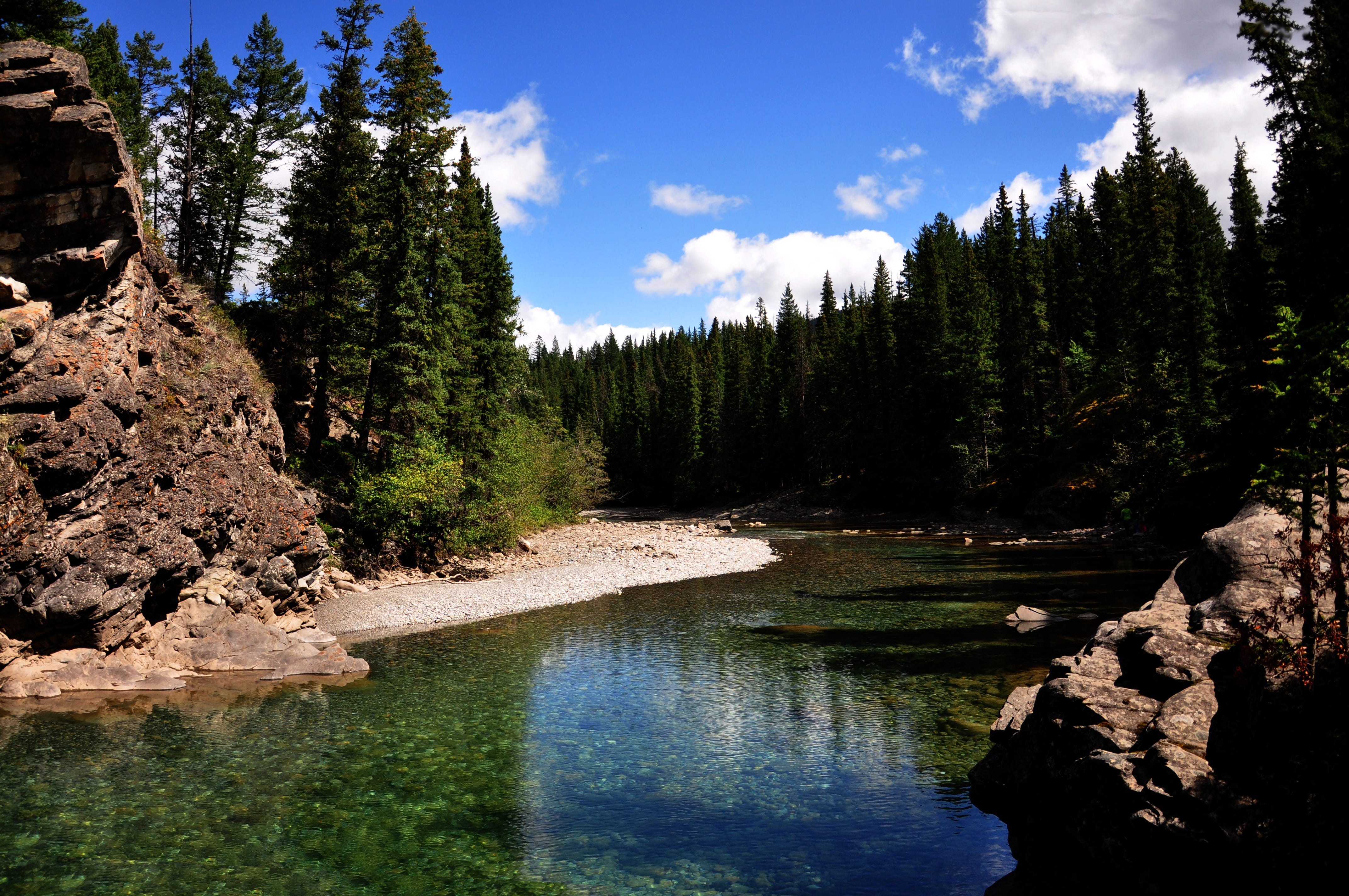 Canada, coniferous tree, summer, emerald green, outdoors, growth, clouds, rock - Object, blue, Canoe, tree, scenics, 4K, wilderness Area, reflection, sky, HD Wallpaper