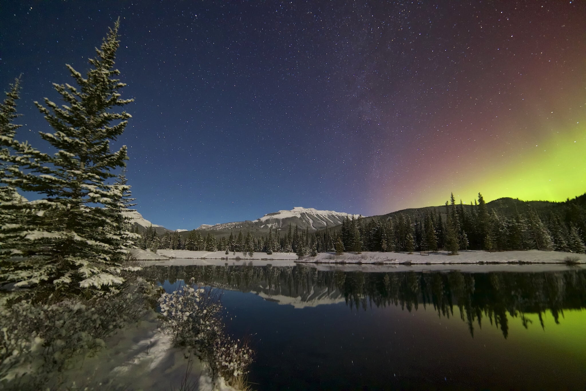 the sky, lake, snowcapped mountain, outdoors, reflection, trees, plant, pine tree, sky, mountain range, night, idyllic, mountain, cold temperature, Alberta, HD Wallpaper
