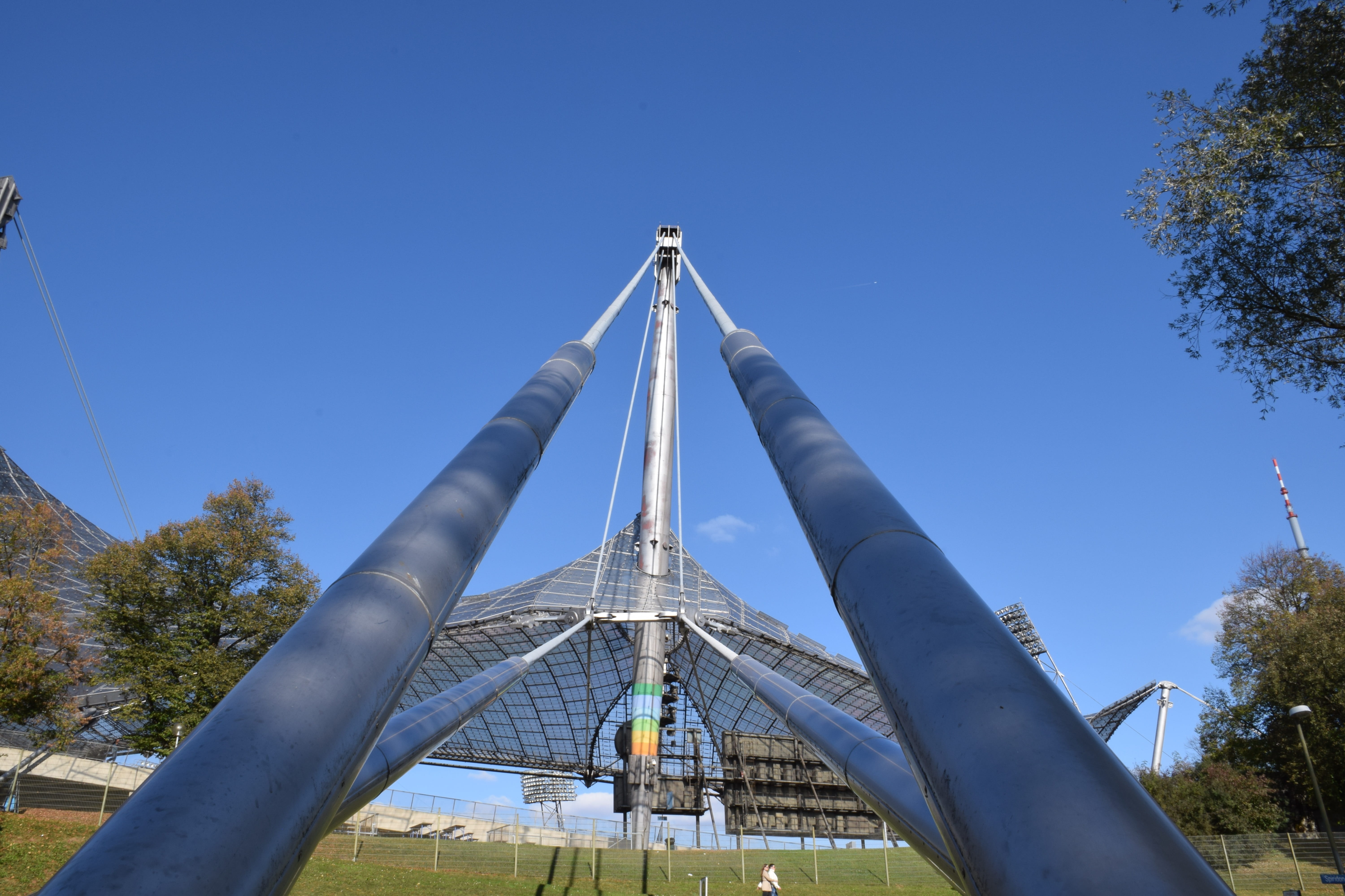 olympic stadium, tree, playground, day, park - man made space, sunlight, stadium, built structure, blue, architecture, plant, park, outdoors, construction, HD Wallpaper