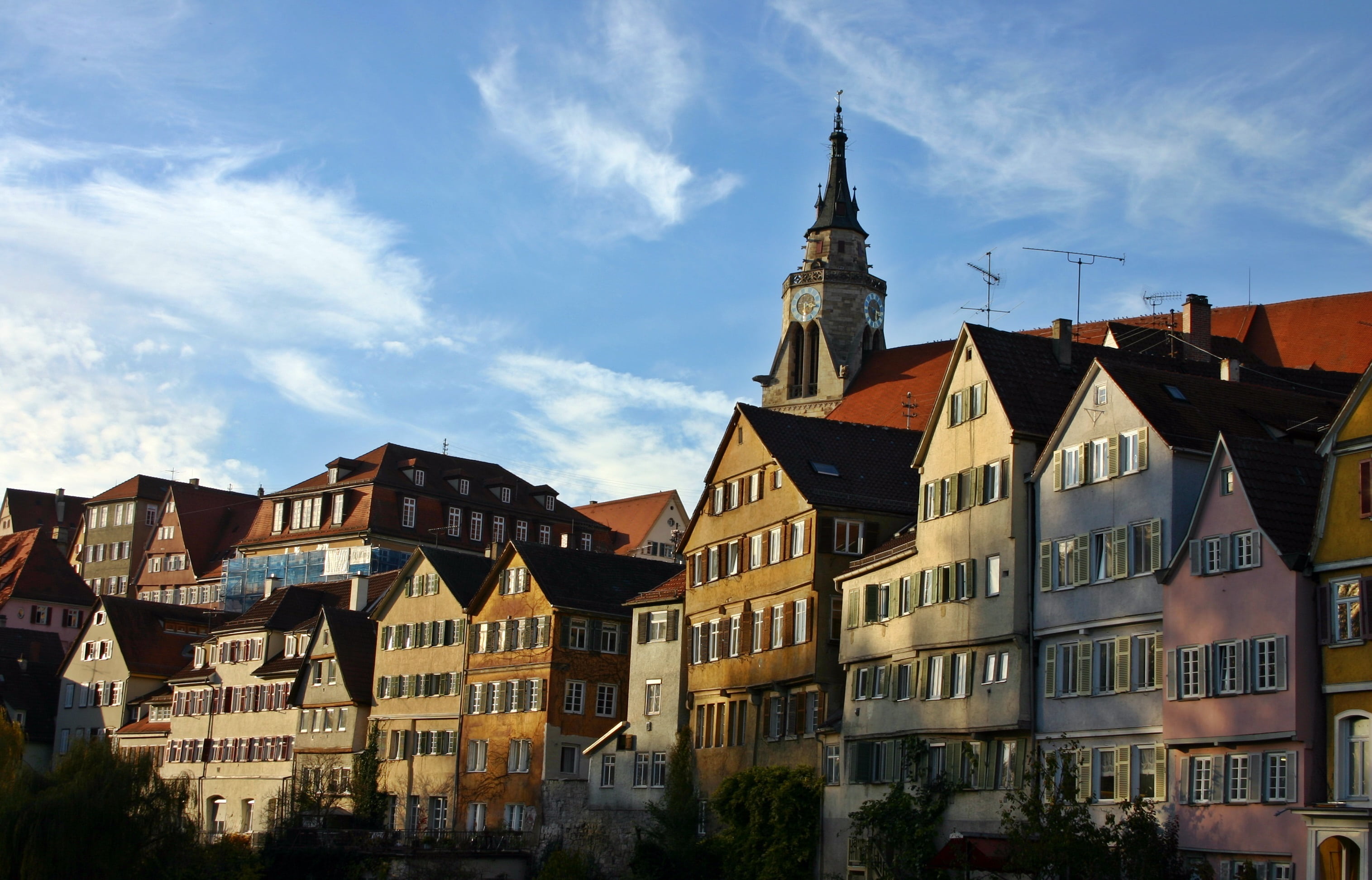 neckar front, germany, spirituality, church, town, no people, 2K, residential district, colorful, house, colored, buildings, southern germany, white, religion, HD Wallpaper