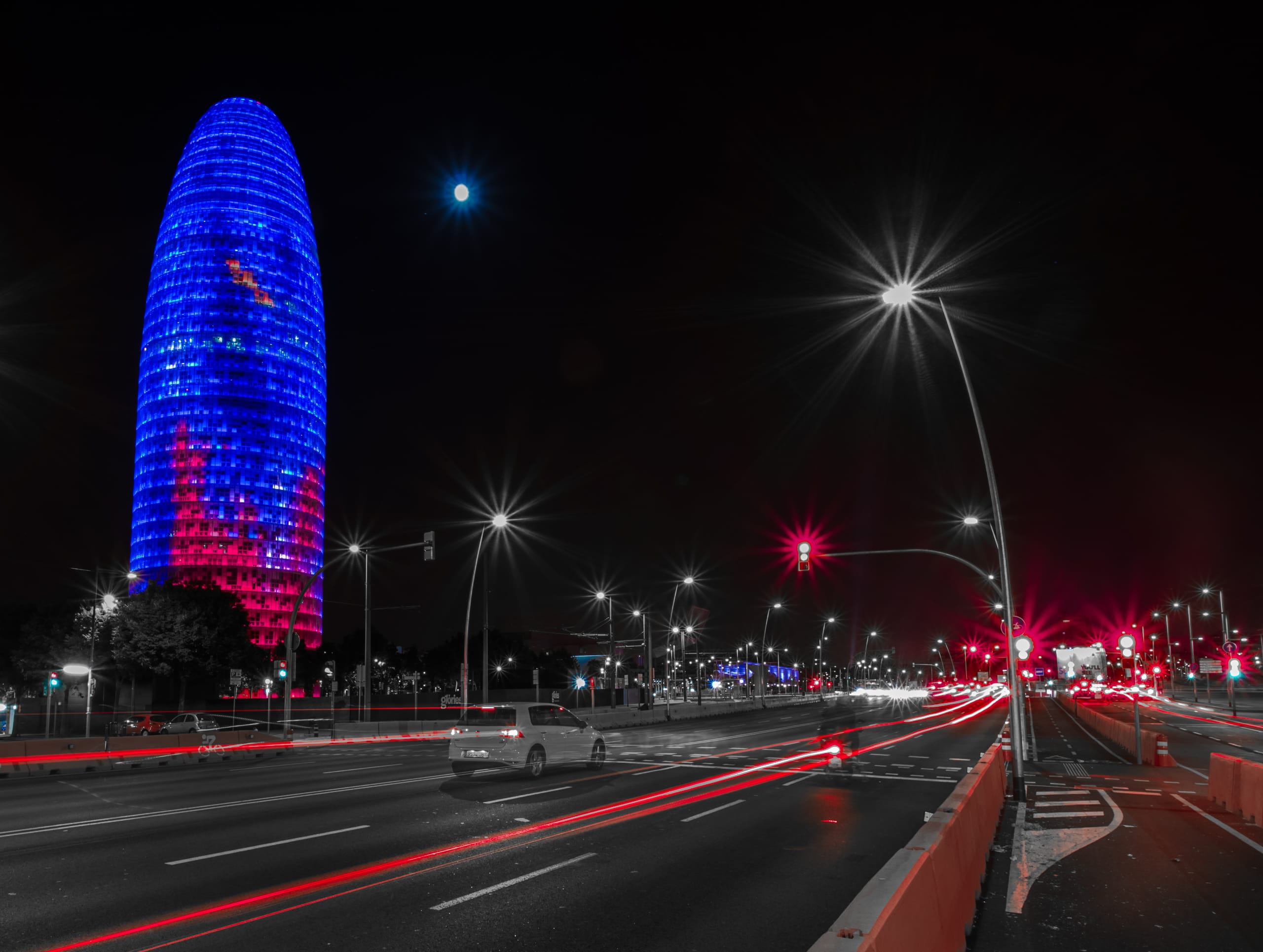 city street, no people, night, torre agbar, visit barcelona, outdoors, 2K, transportation, motion, light trail, spain, blurred motion, built structure, HD Wallpaper