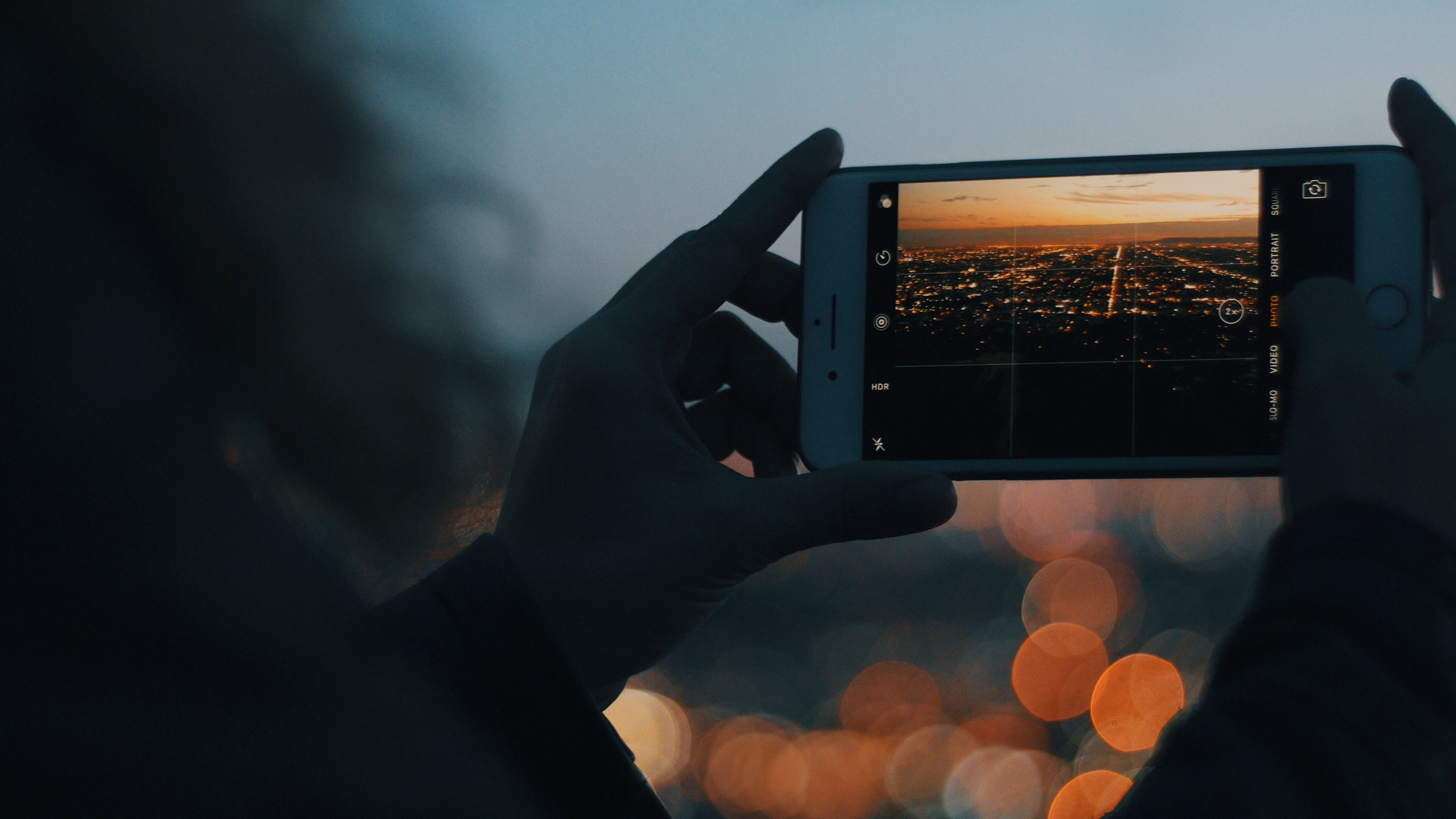 sunset, holding, close-up, landscape, orange, nature, evening, activity, camera, connection, hand, sky, illuminated, one person, 4K, portable information device, HD Wallpaper