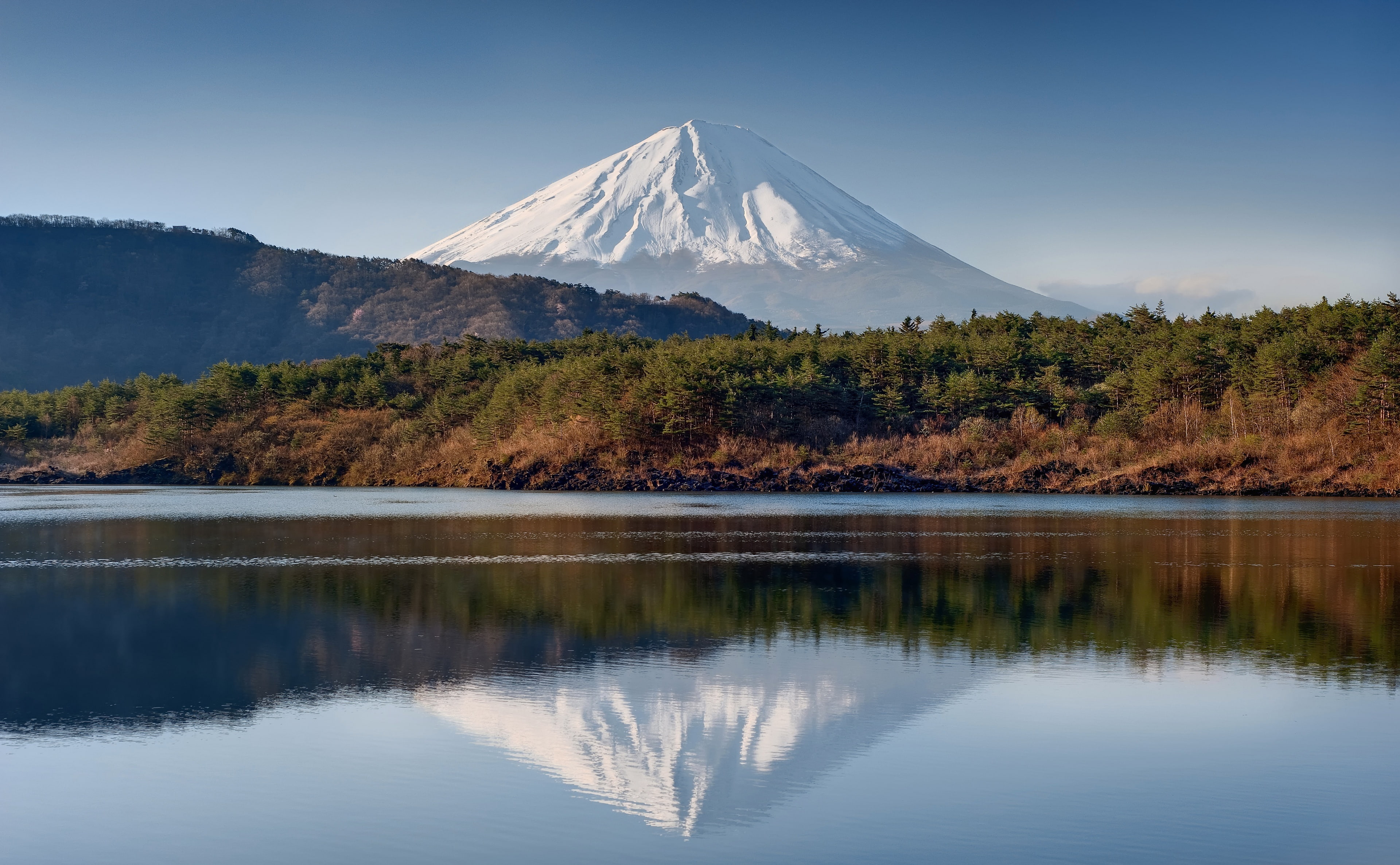 nature, snow, trees, mtfuji, snowcapped mountain, beauty in nature, kanagawa, mountain, no people, outdoors, non-urban scene, lakesaiko, Blue, reflection, HD Wallpaper