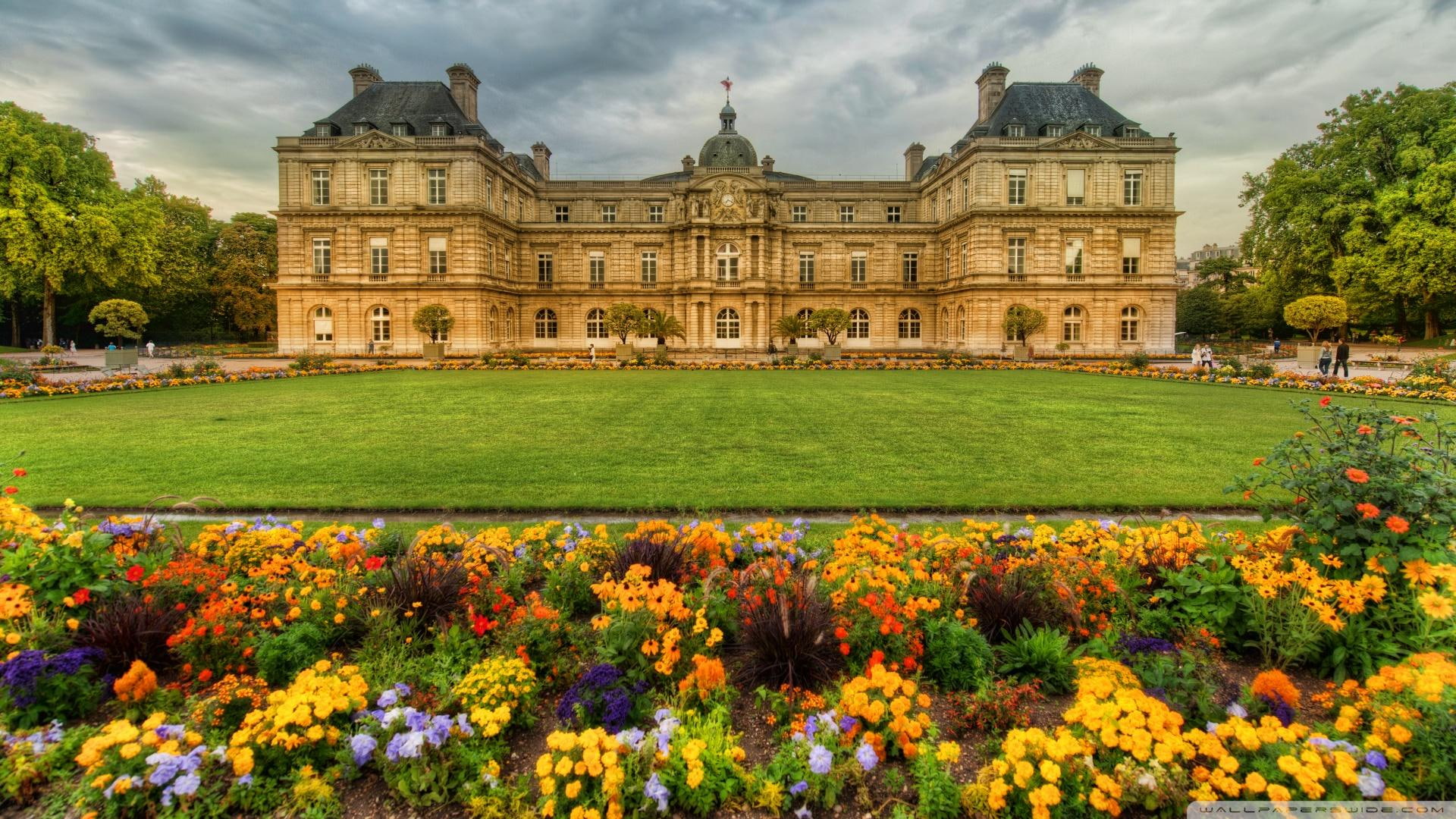 grass, garden, gardens, paris, 1080P, flowers, nature and landscapes, clouds, castle, HD Wallpaper