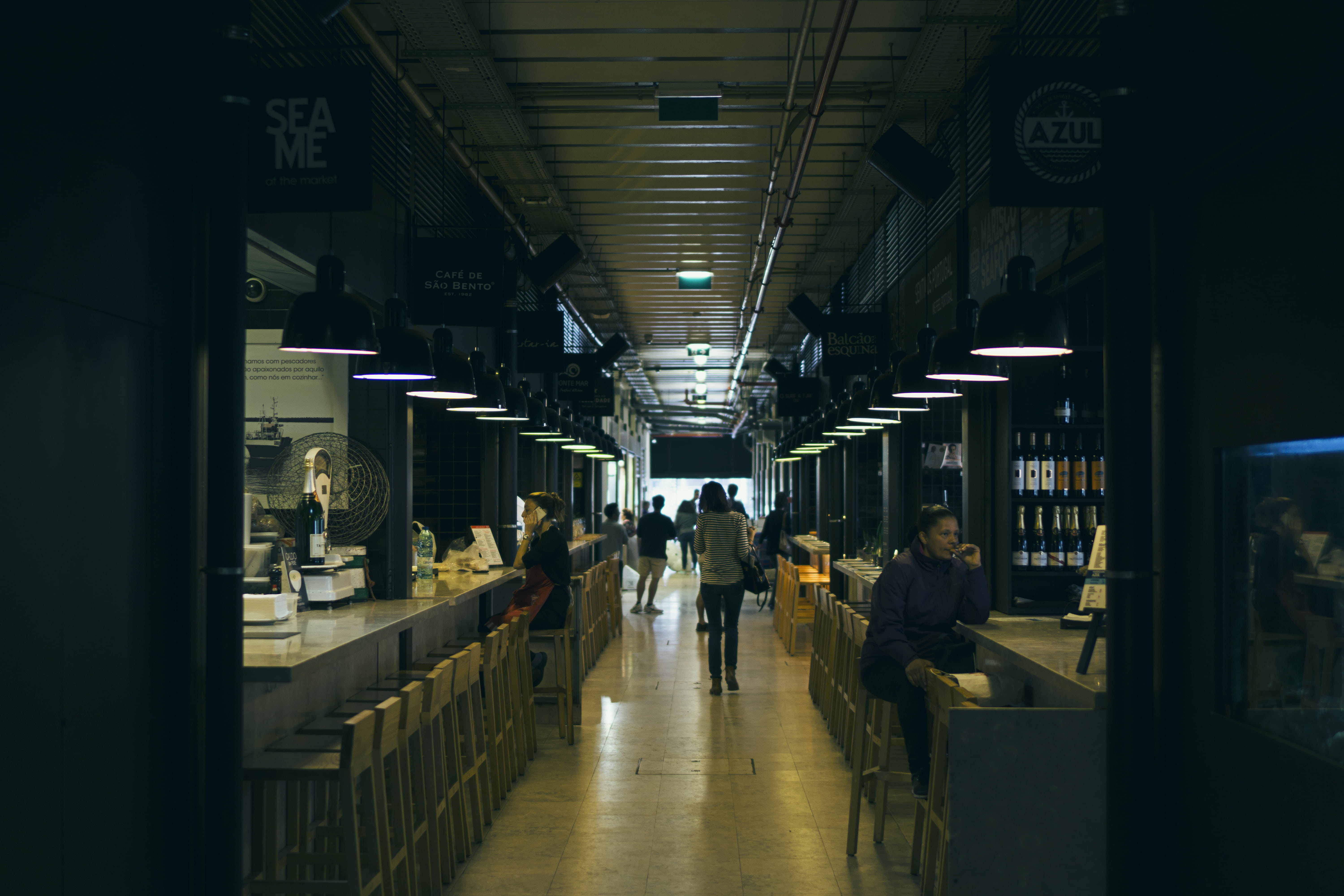 sony, a6000, travel, industry, 5K, rokinon, shop, ceiling, people, bottles, illuminated, time out market, lifestyles, men, mode of transportation, restaurant, HD Wallpaper