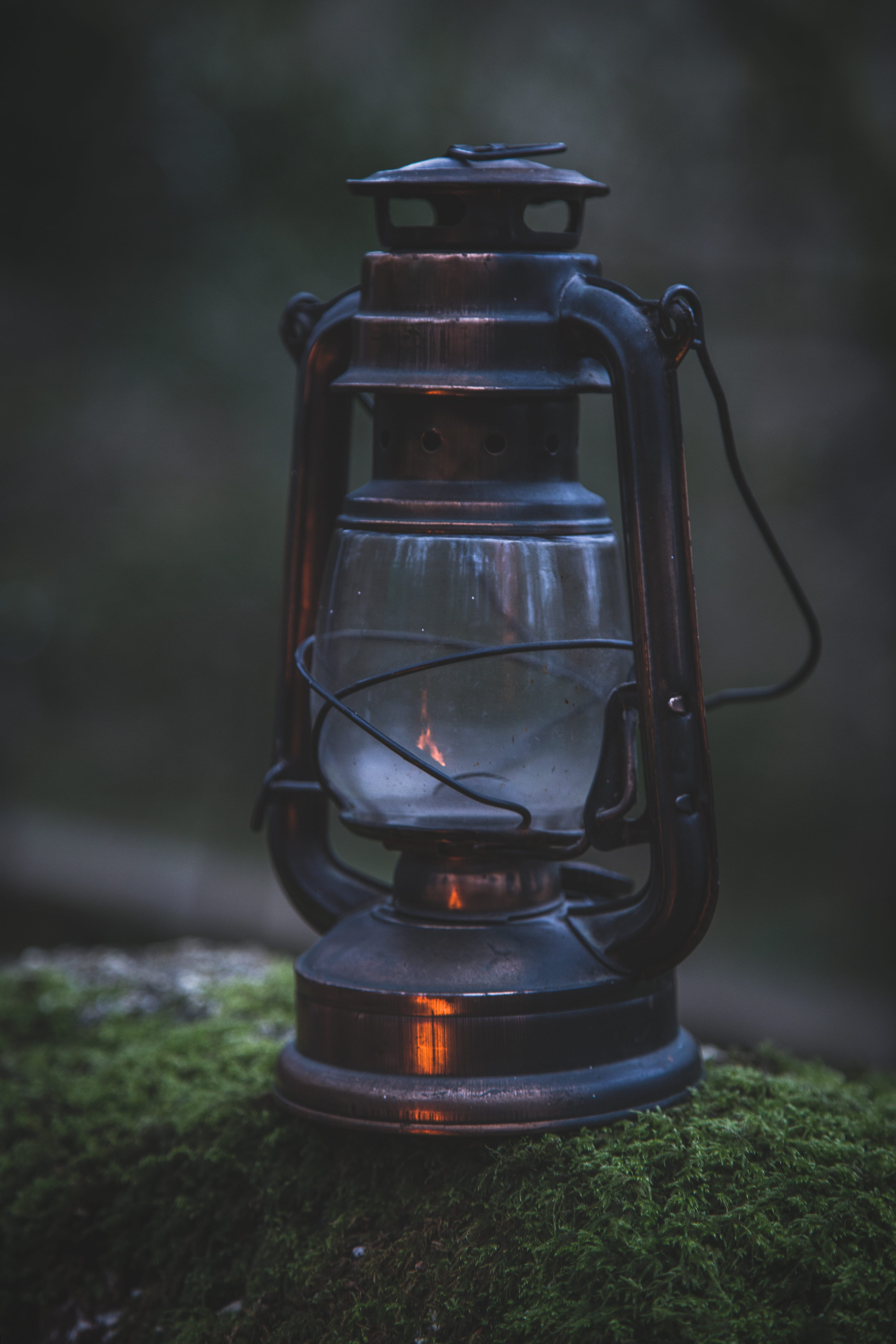 lantern, close-up, no people, oil lamp, moss, lighting equipment, metal, turned, nature, focus on foreground, electric lamp, camping, 5K, coffee pot, day, Phone HD Wallpaper