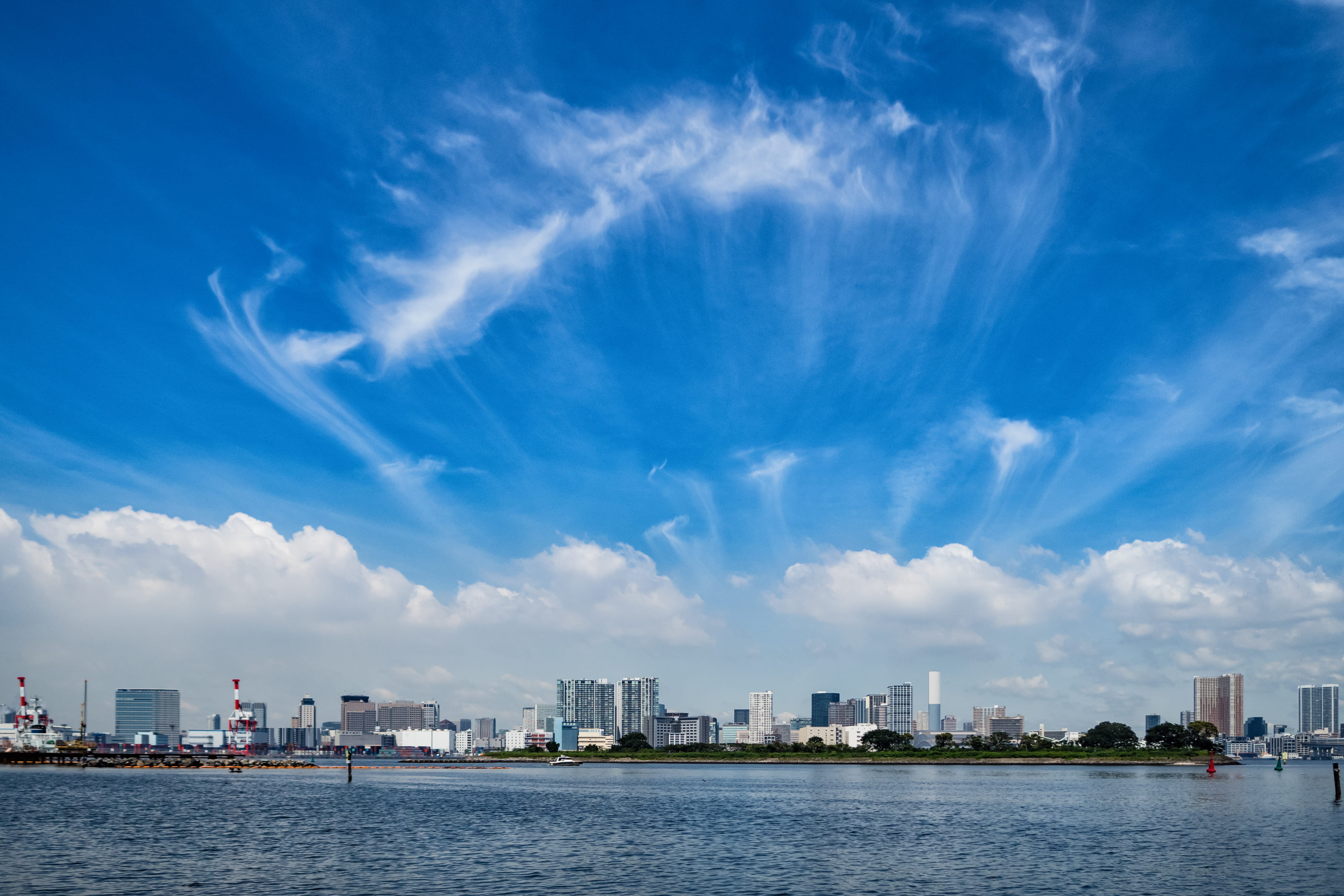 building, landscape, blue, office building exterior, urban skyline, sea, 4K, architecture, odaiba, city, cityscape, tokyo bay, built structure, nature, HD Wallpaper