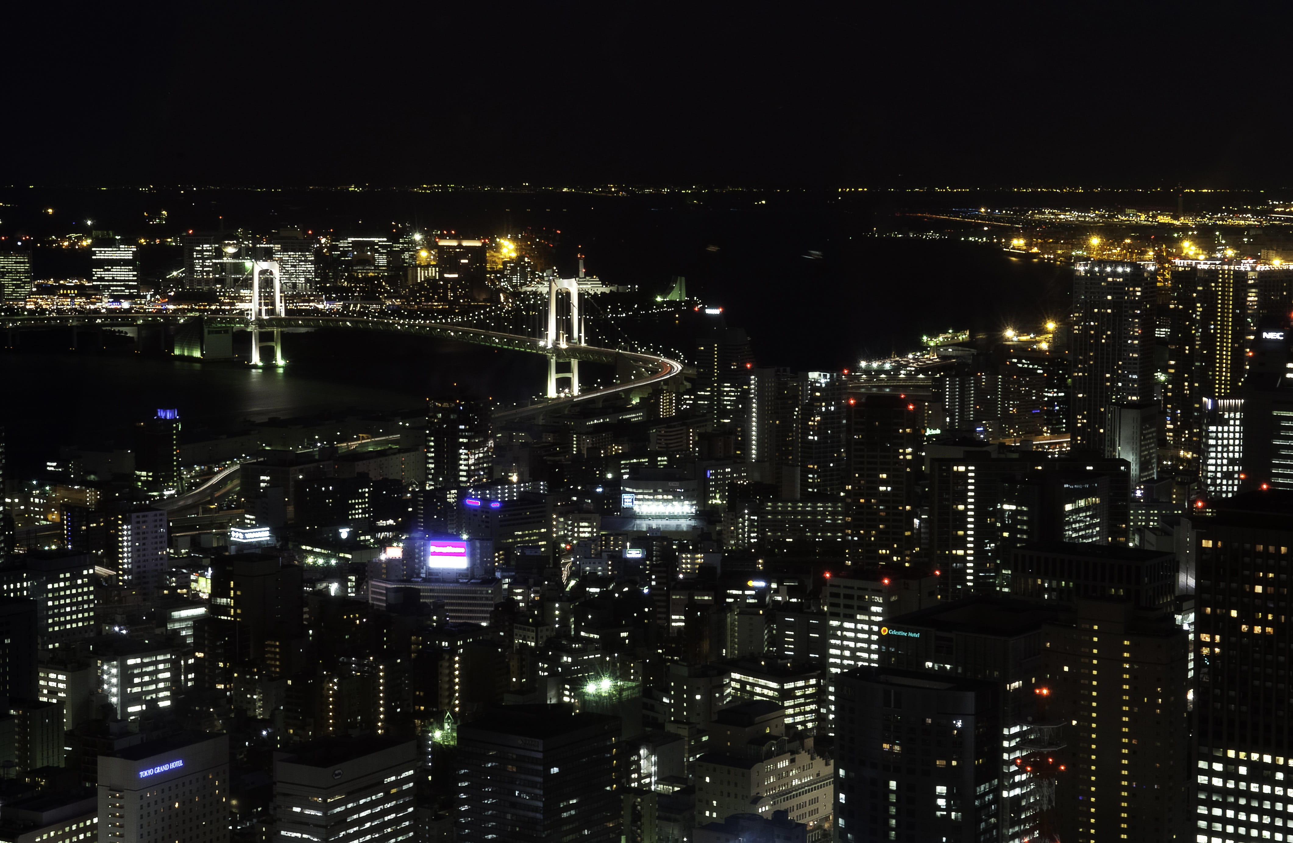 night, building exterior, sky, financial district, city, Japan, city life, built structure, office building exterior, modern, nightlife, cityscape, outdoors, HD Wallpaper