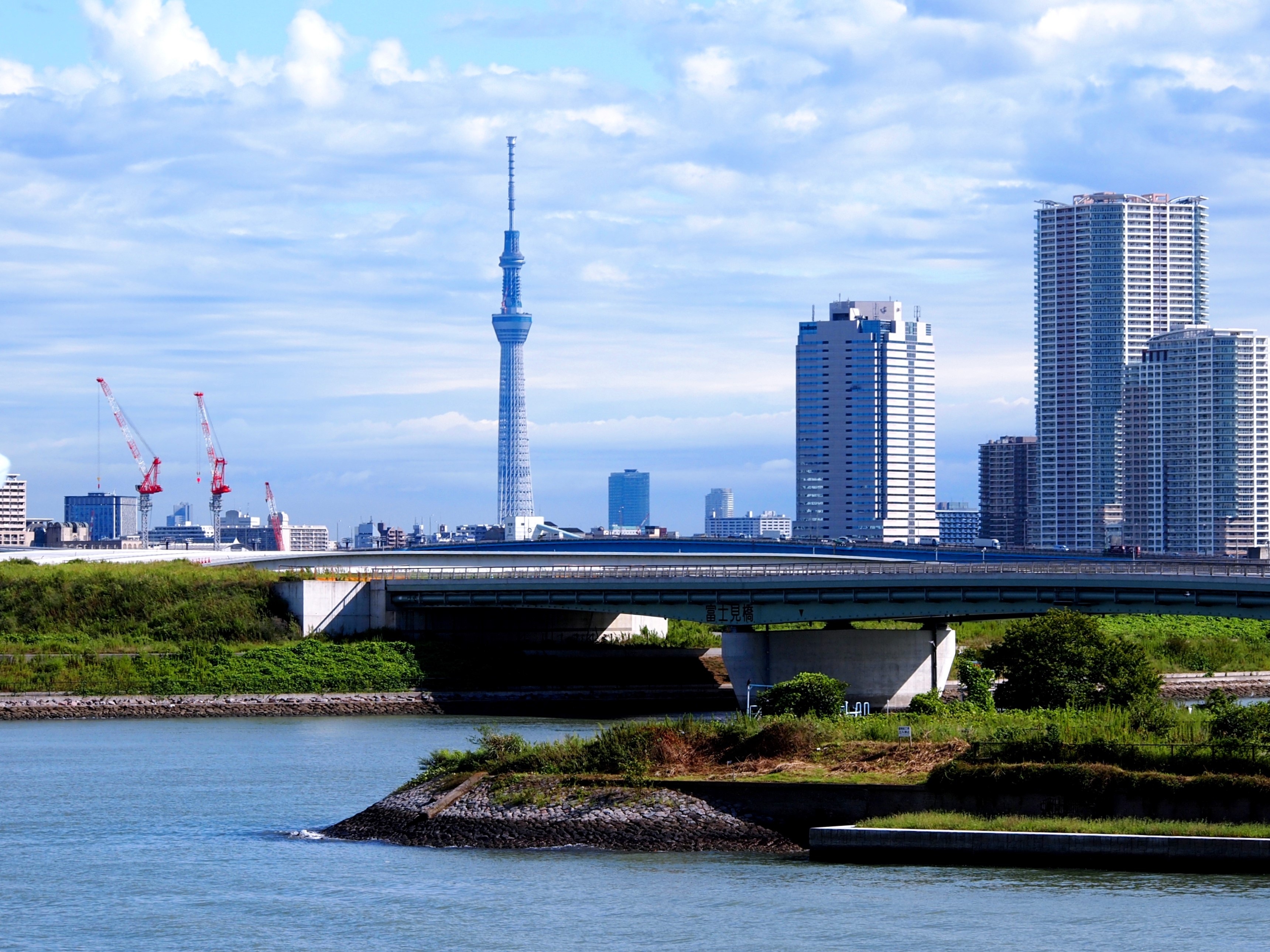 bridge - man made structure, fujimi bridge, tokyo, building, near, japan, financial district, spire, architecture, water, odaiba, built structure, building exterior, HD Wallpaper