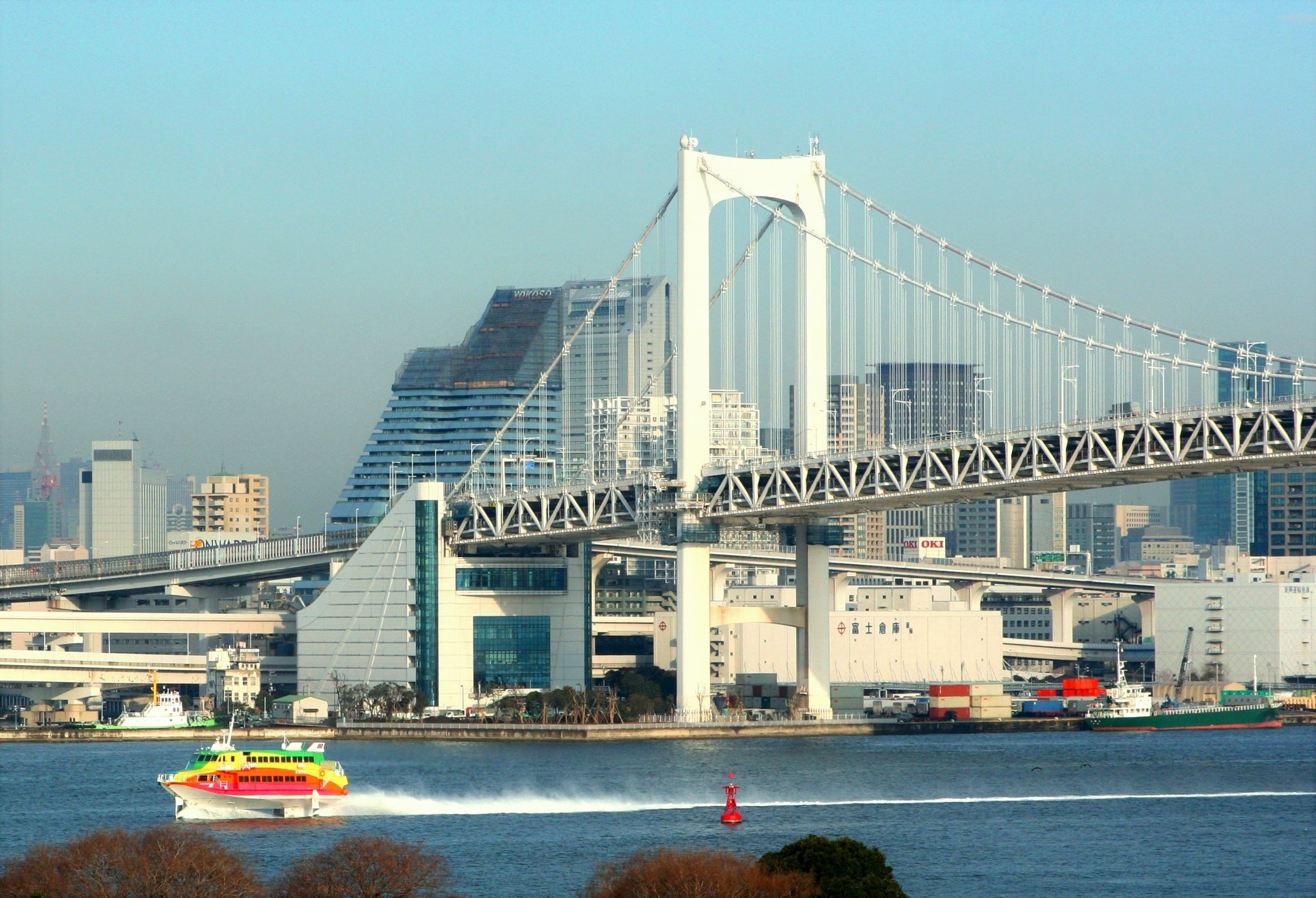 odaiba, transportation, travel destinations, office building exterior, white crested waves, architecture, japan, travel, bridge - man made structure, tokyo bay, HD Wallpaper