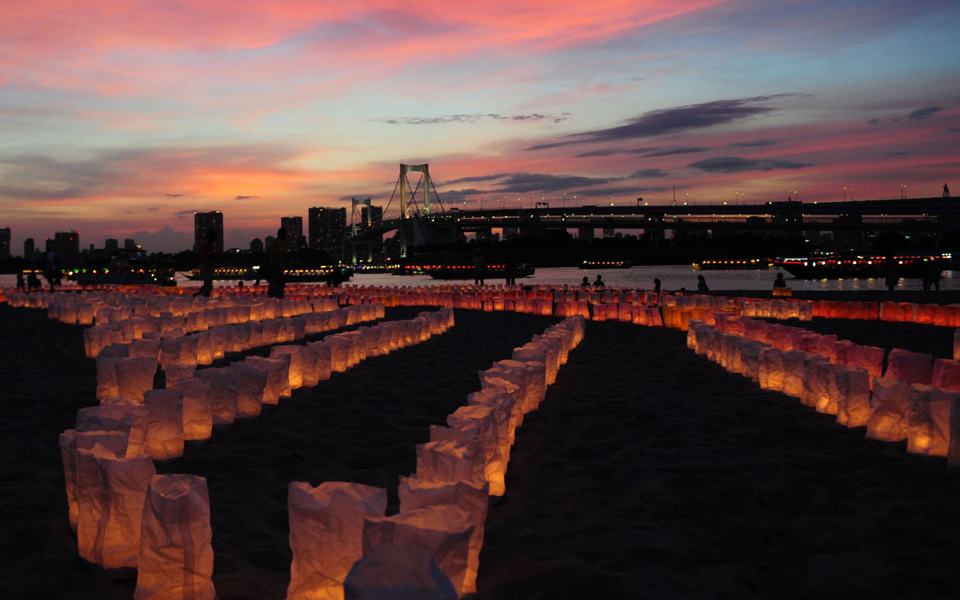Tokyo, 1080P, the city, sunset, bridge, clouds, Odaiba, Japan, lights, the sky, marine Park, HD Wallpaper