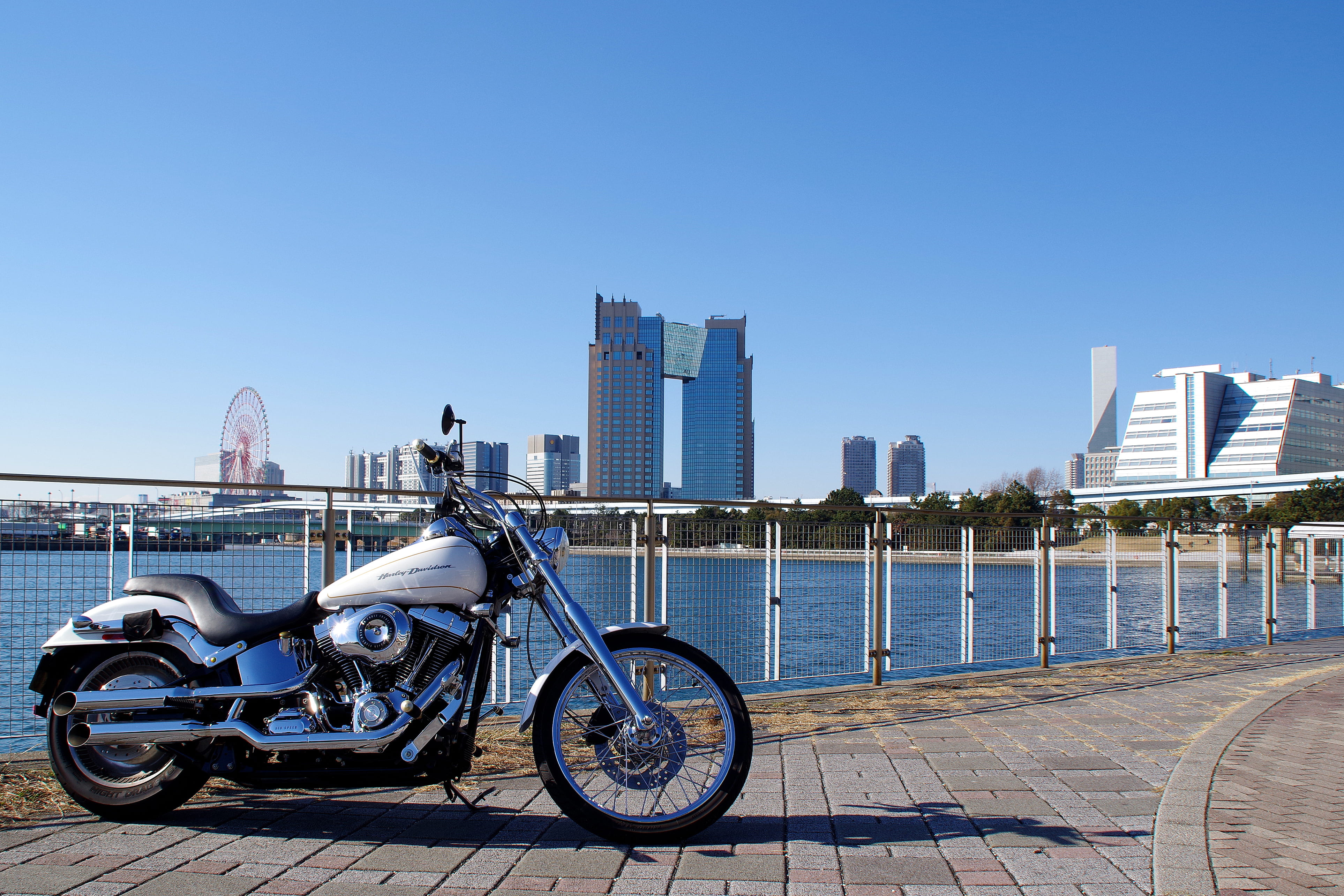 one person, sky, tokyo, day, outdoors, urban skyline, tall - high, Davidson, mode of transportation, city, water, modern, tower, Harley, built structure, HD Wallpaper