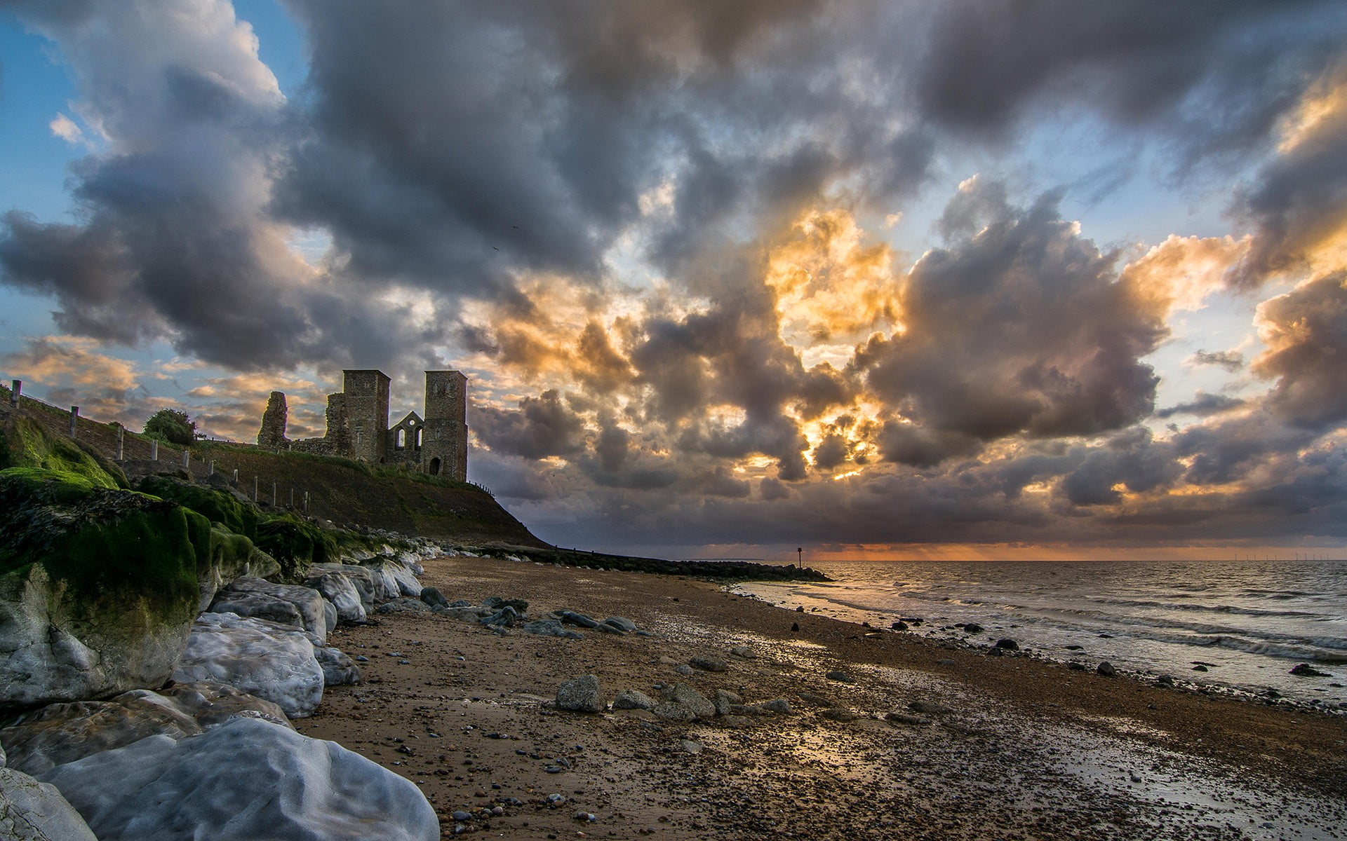 beach, sky, sunset, horizon over water, rock, horizon, nature, clouds, solid, coastline, landscape, beauty in nature, architecture, cloud - sky, 1080P, HD Wallpaper