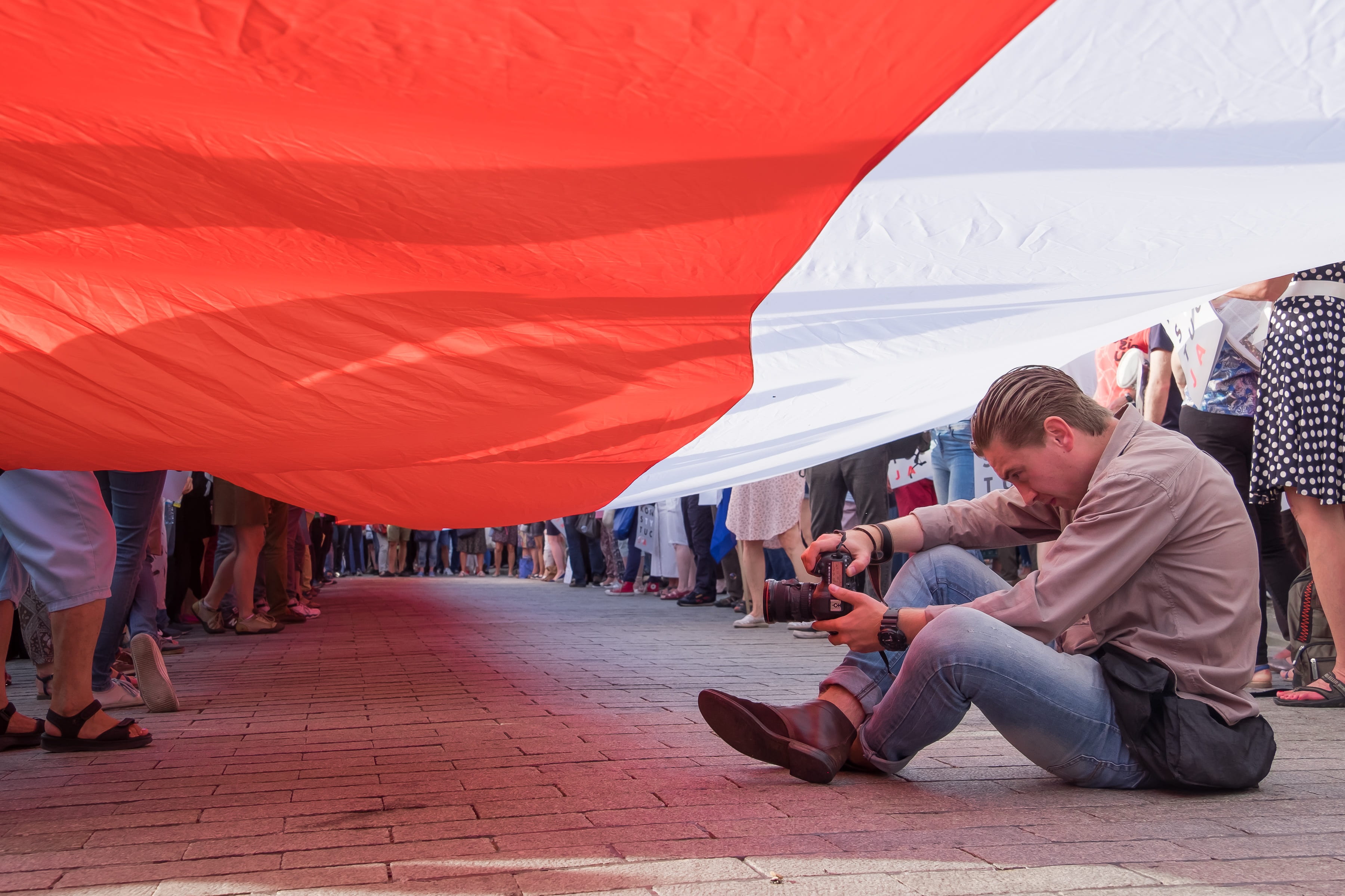 man, politics, demonstration, work, outdoors, travel, mature men, red, unity, father, photographer, national, casual clothing, poland, real people, rally, HD Wallpaper