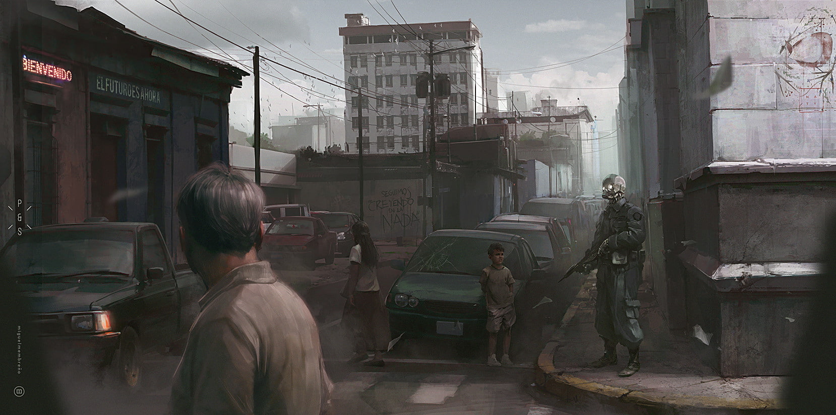 fan art, street, futuristic, architecture, real people, Miguel Membreño, built structure, artwork, occupation, war, 720P, working, land vehicle, text, HD Wallpaper