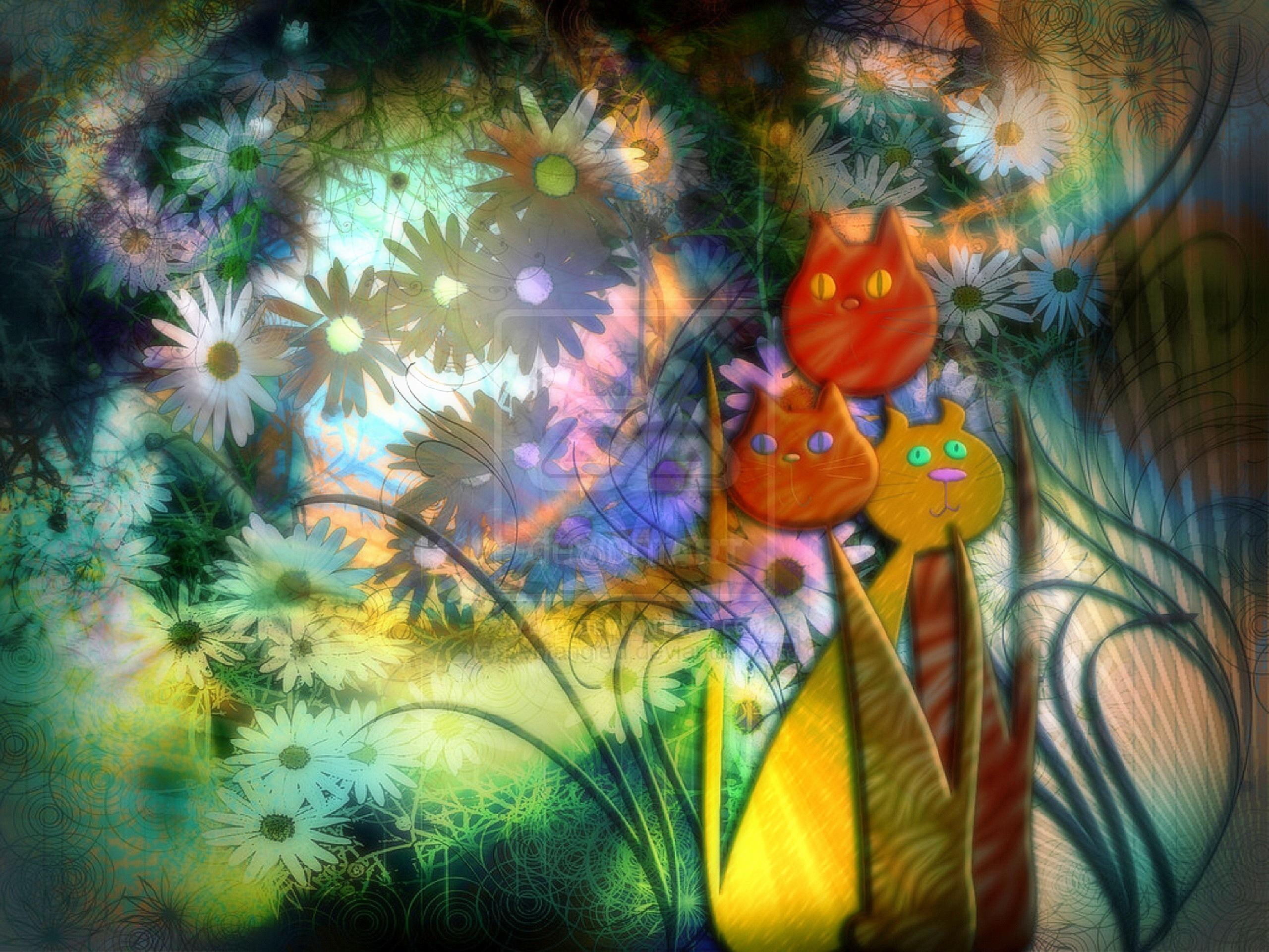 animals, digital-art, cats, lovely, cute, softness-beauty, flowers, mixed-media, 2K, leaves, creative-pre--made, HD Wallpaper