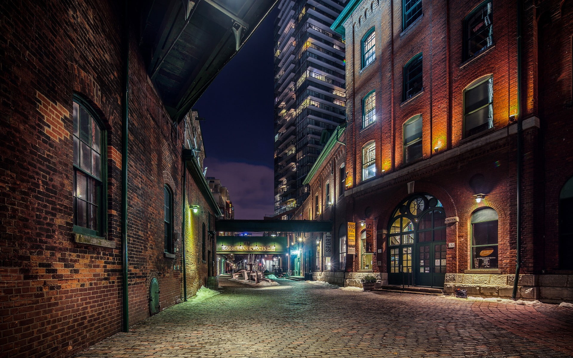 Toronto, night, city, bricks, 1080P, urban, window, cityscape, street, door, building, HD Wallpaper