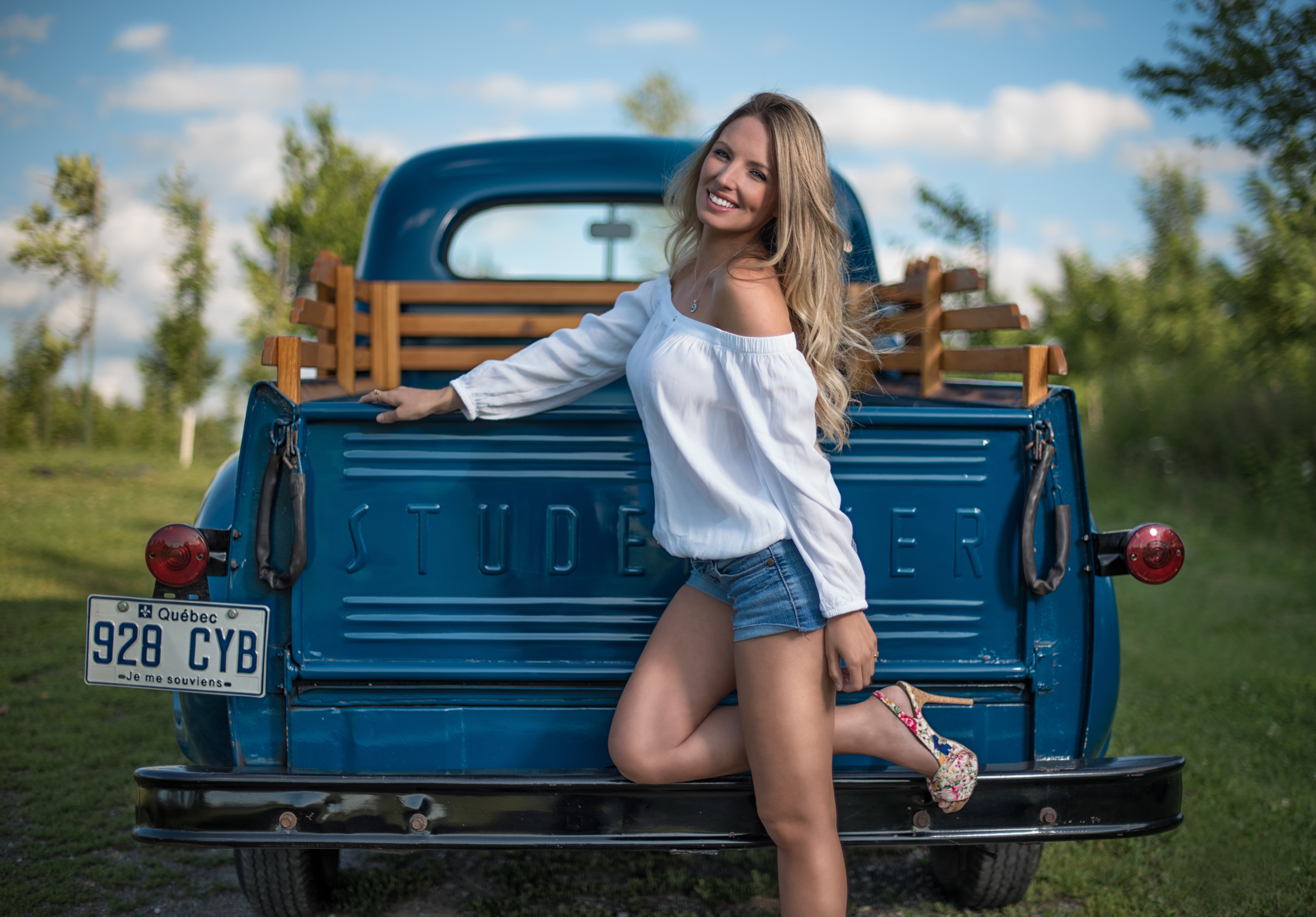 truck, pose, Studebaker, machine, 5K, shorts, girl, HD Wallpaper