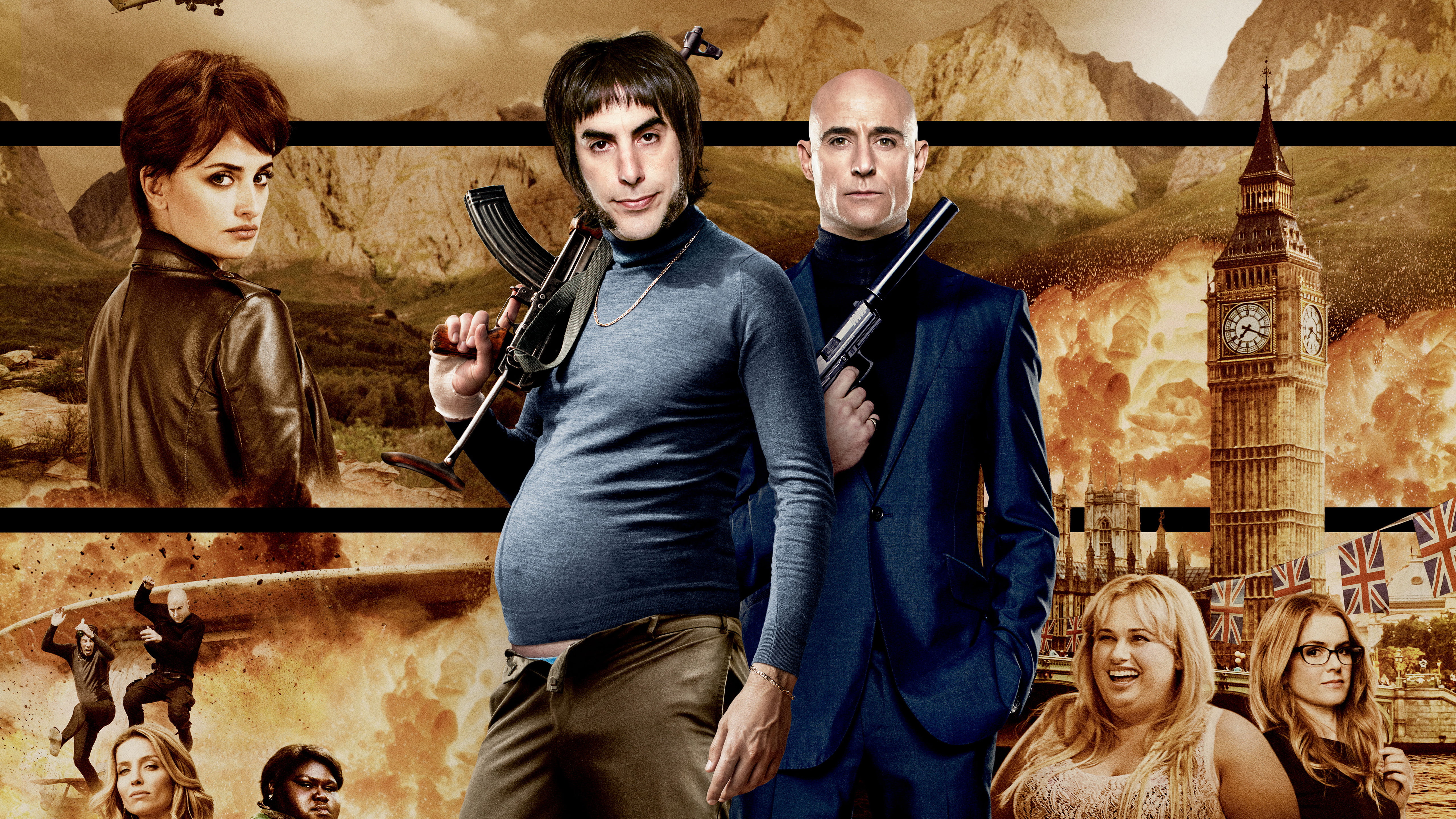 Brothers from Grimsby, Penelope Cruz, Kalashnikov, weapons, gun, poster, machine, action, tower, The Brothers Grimsby, Mark Strong, Comedy, 5K, England, HD Wallpaper