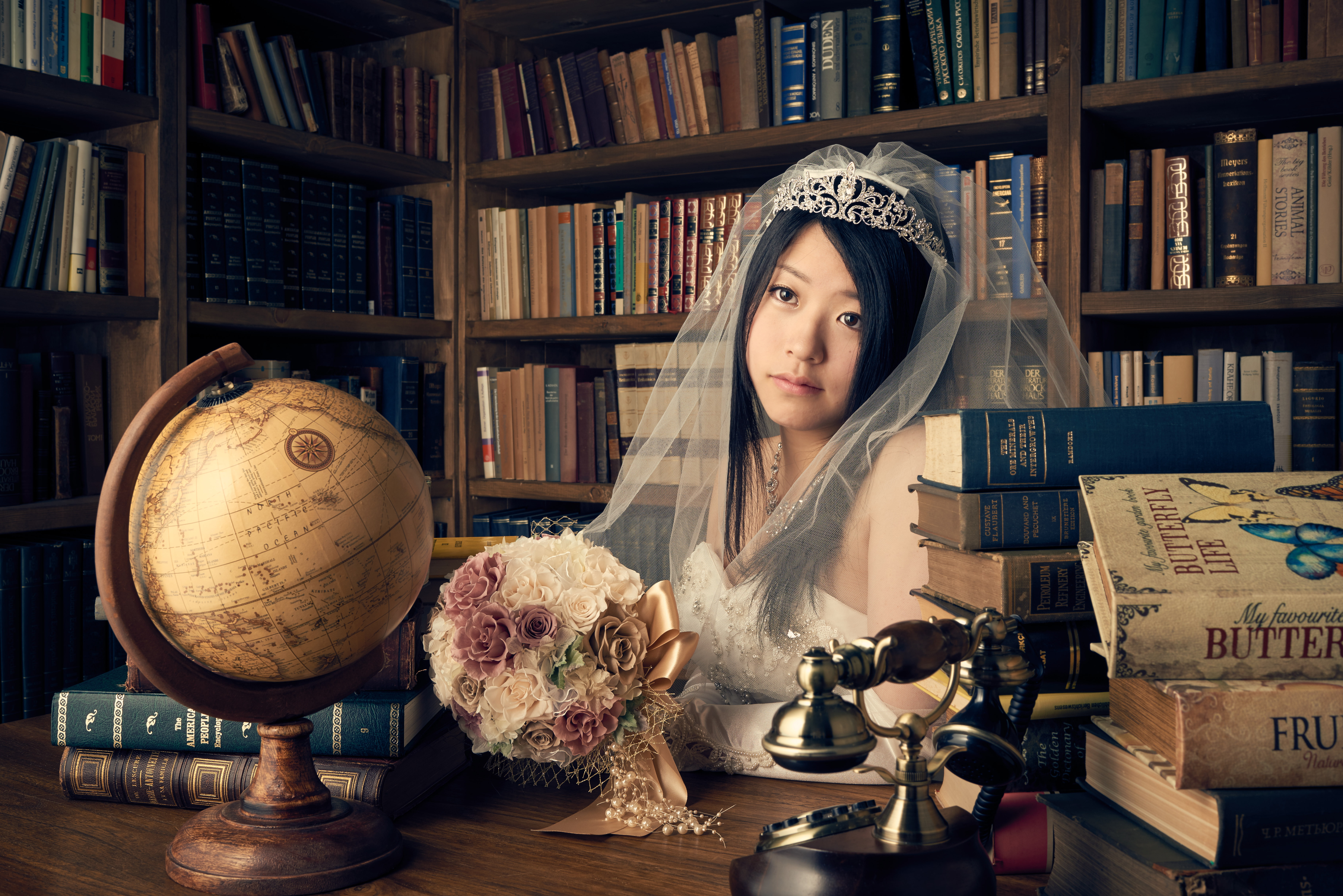 globe, 5K, Asian, phone, bouquet, books, the bride, style, mood, veil, look, library, girl, HD Wallpaper