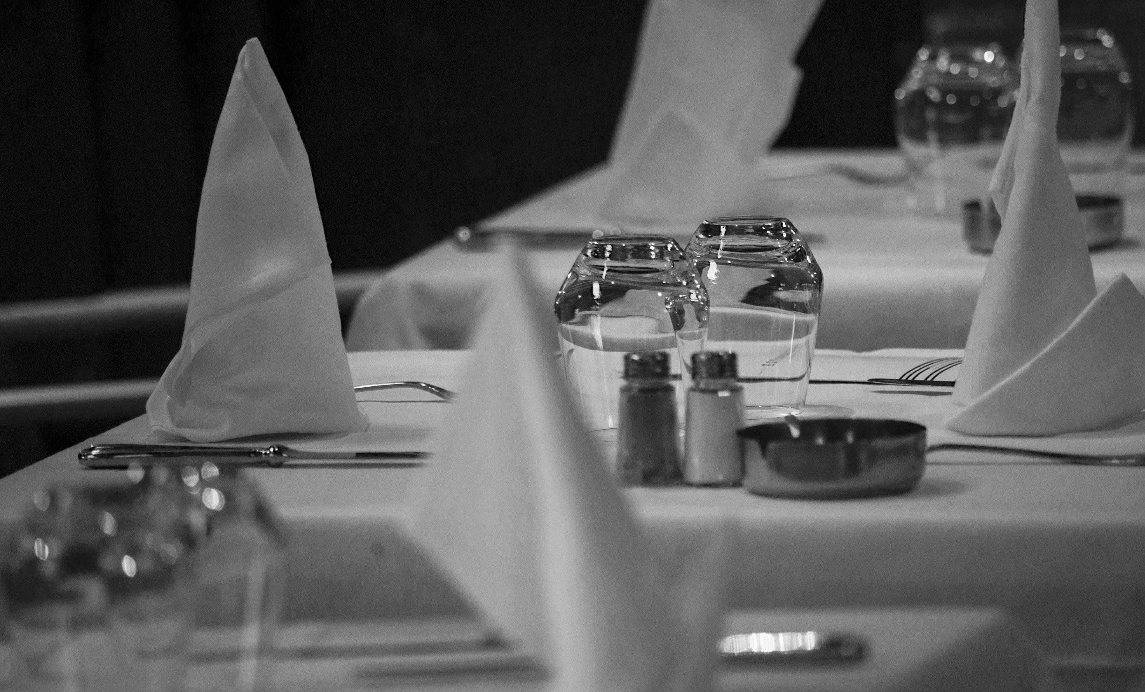 black-and-white, selective focus, household equipment, table, arts culture and entertainment, air vehicle, glass, black, music, setting, black and white, HD Wallpaper