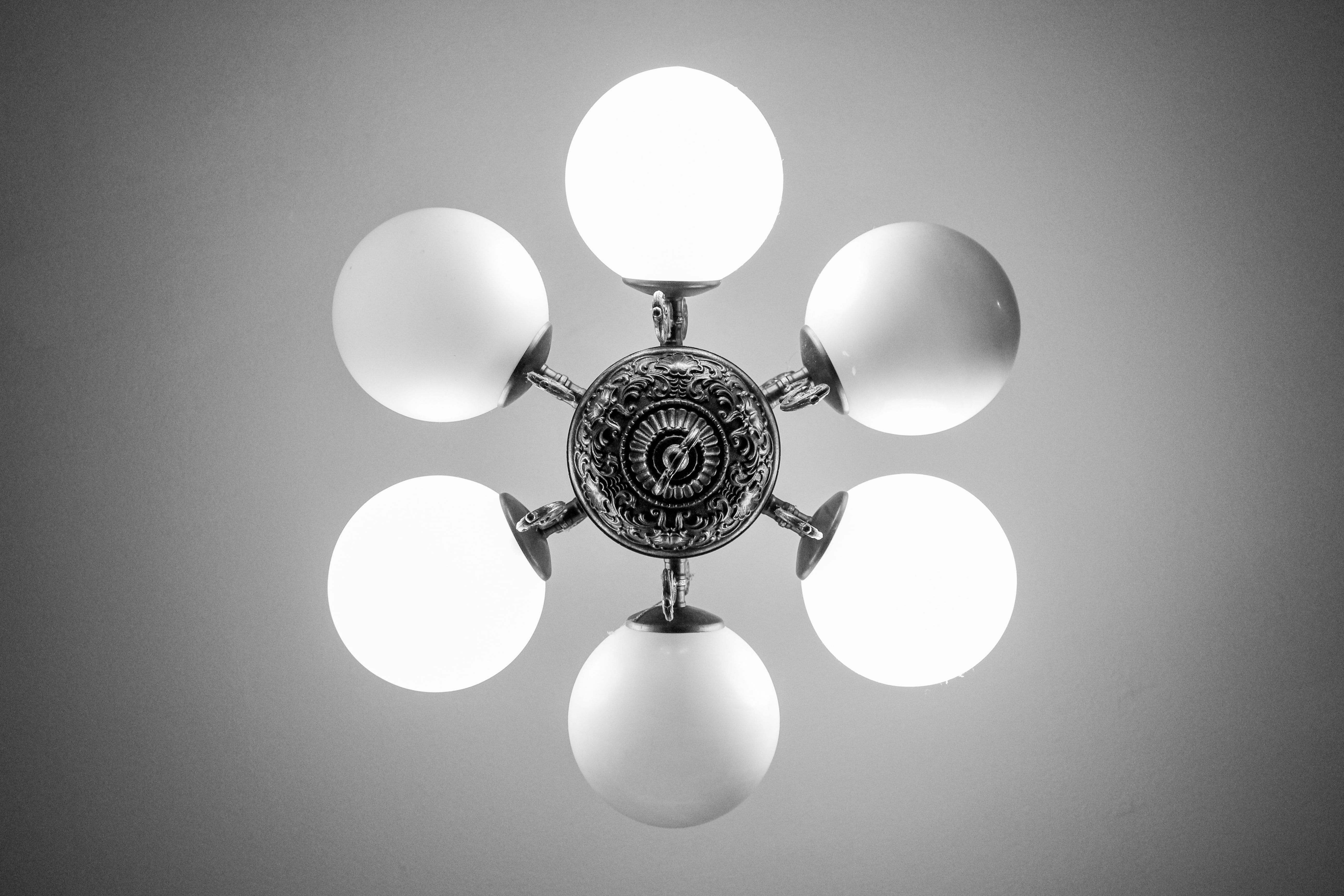 indoors, ornament, circle, gray, electric lamp, ball, illuminated, light - natural phenomenon, directly below, top, ancient, glowing, hanging, light bulb, HD Wallpaper