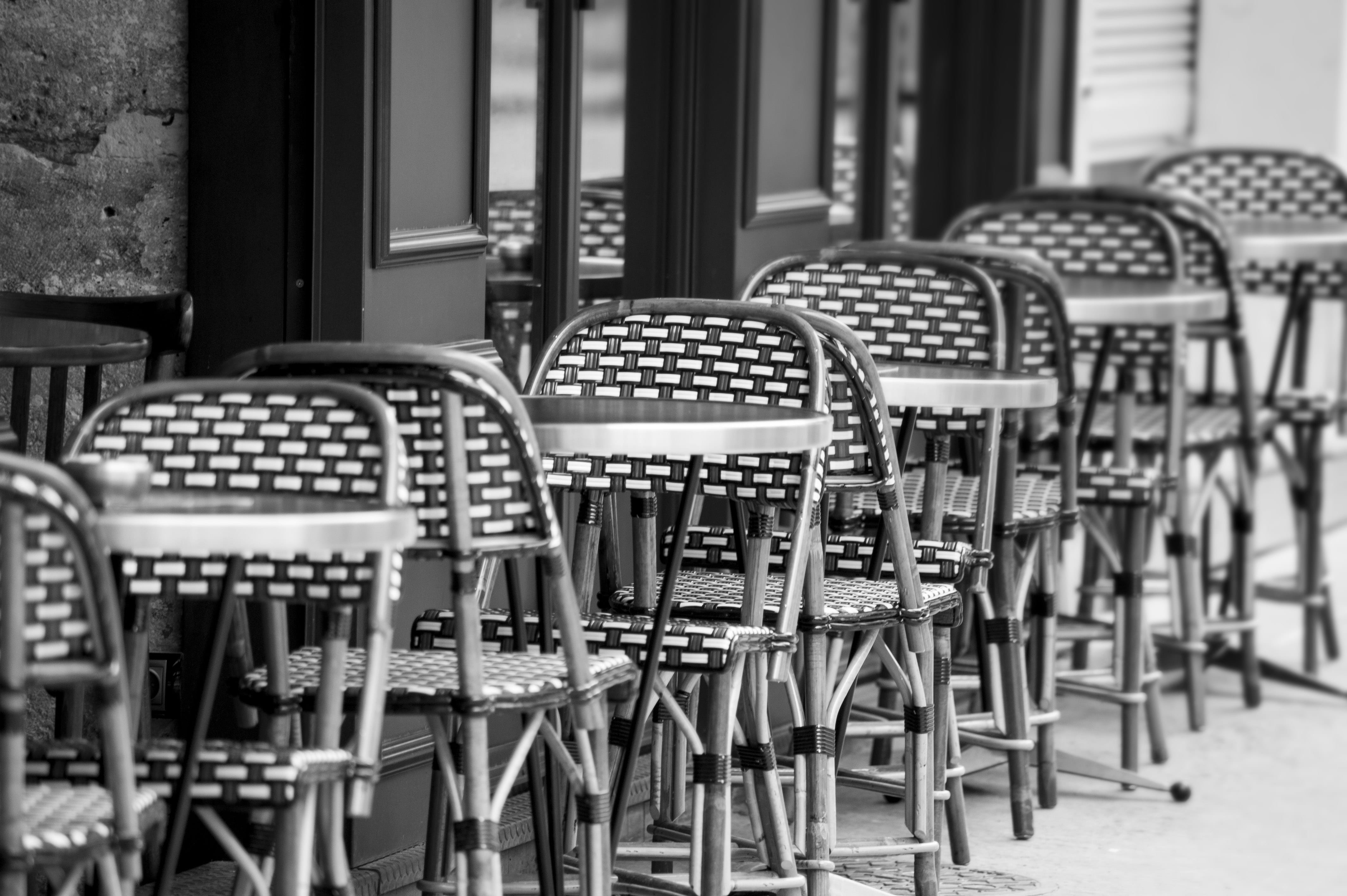 france, 4K, table, black-and-white, furniture, paris, cafe, setting, in a row, no people, seat, restaurant, indoors, chairs, building, tables, black, chair, HD Wallpaper