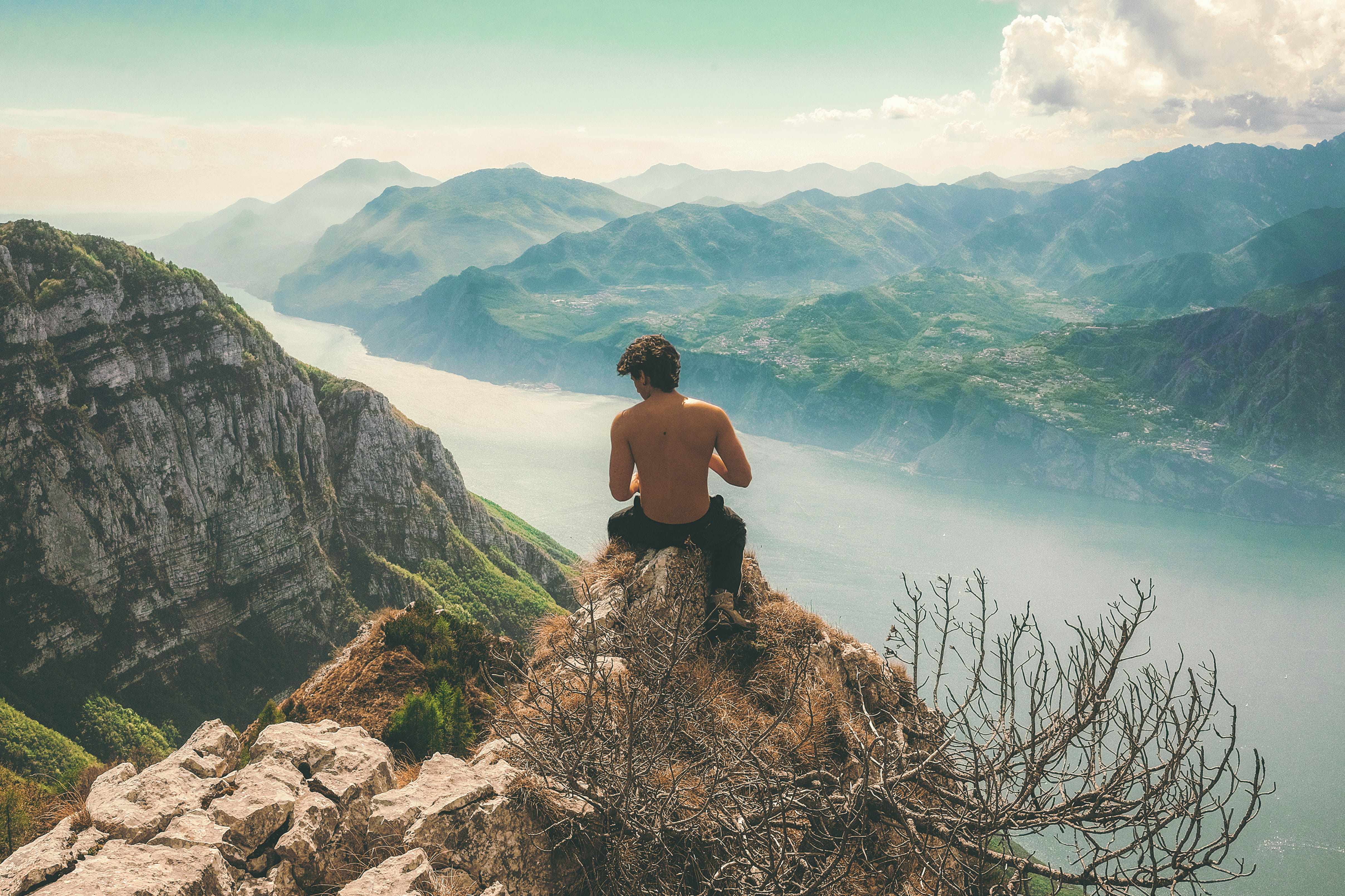 mountain, young adult, mountain Peak, mountains, adventure, solid, near, seating, backpack, landscape, body, tranquility, freedom, one Person, idyllic, HD Wallpaper