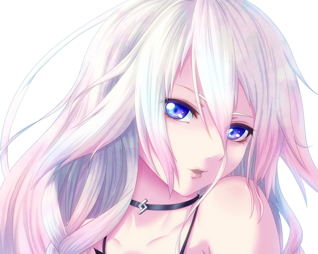 720P, open, choker, backgr, people, long, mouth, white, background, simple, faces, blue, hair, art, eyes, vocaloid, hd, HD Wallpaper