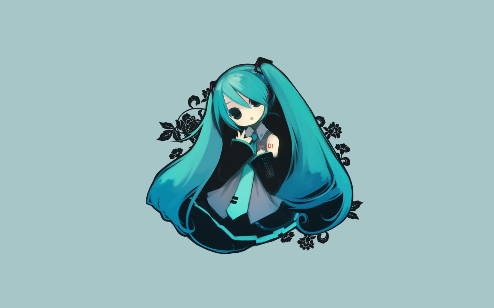 miku, nature, blue, twintails, hd, eyes, simple, tie, Flowers, vocaloid, 720P, art, plants, long, chibi, hatsune, hair, backgr, HD Wallpaper