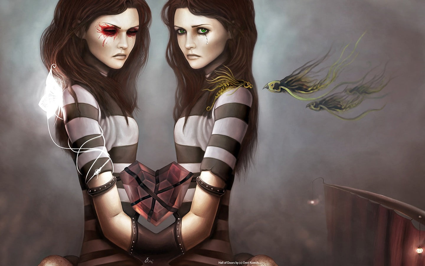 art, BIRDS, 1440x900 px, 720P, x, fantasy girl, abstract, px, hd, fantasy art, Twins, tears, artwork, girl, fantasy, HD Wallpaper
