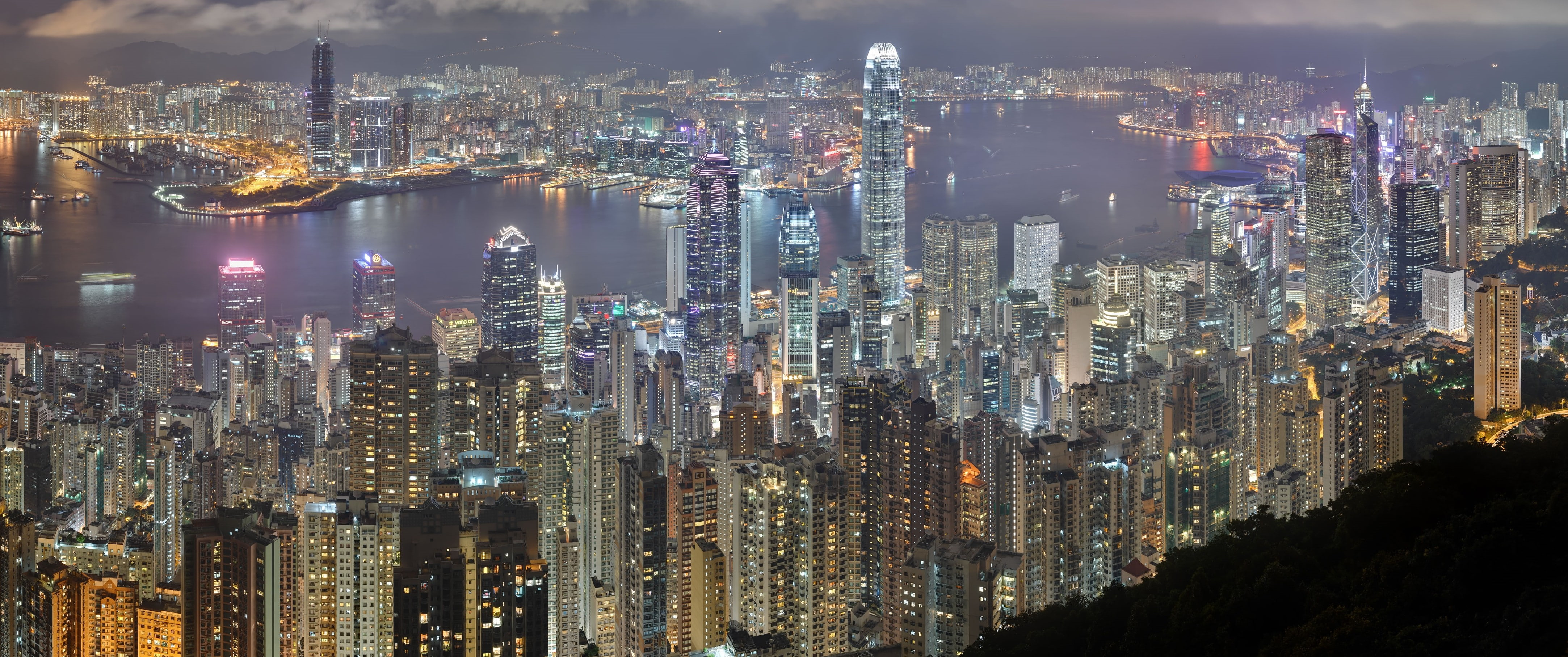 4K, Hong Kong, city, high view, night, river, HD Wallpaper