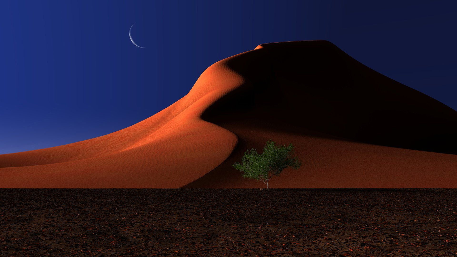 landscape, tree, blue, dunes, nature, land, digital, sky, flowing, motion, no people, clear sky, abstract, night, environment, desert, mountain, HD Wallpaper