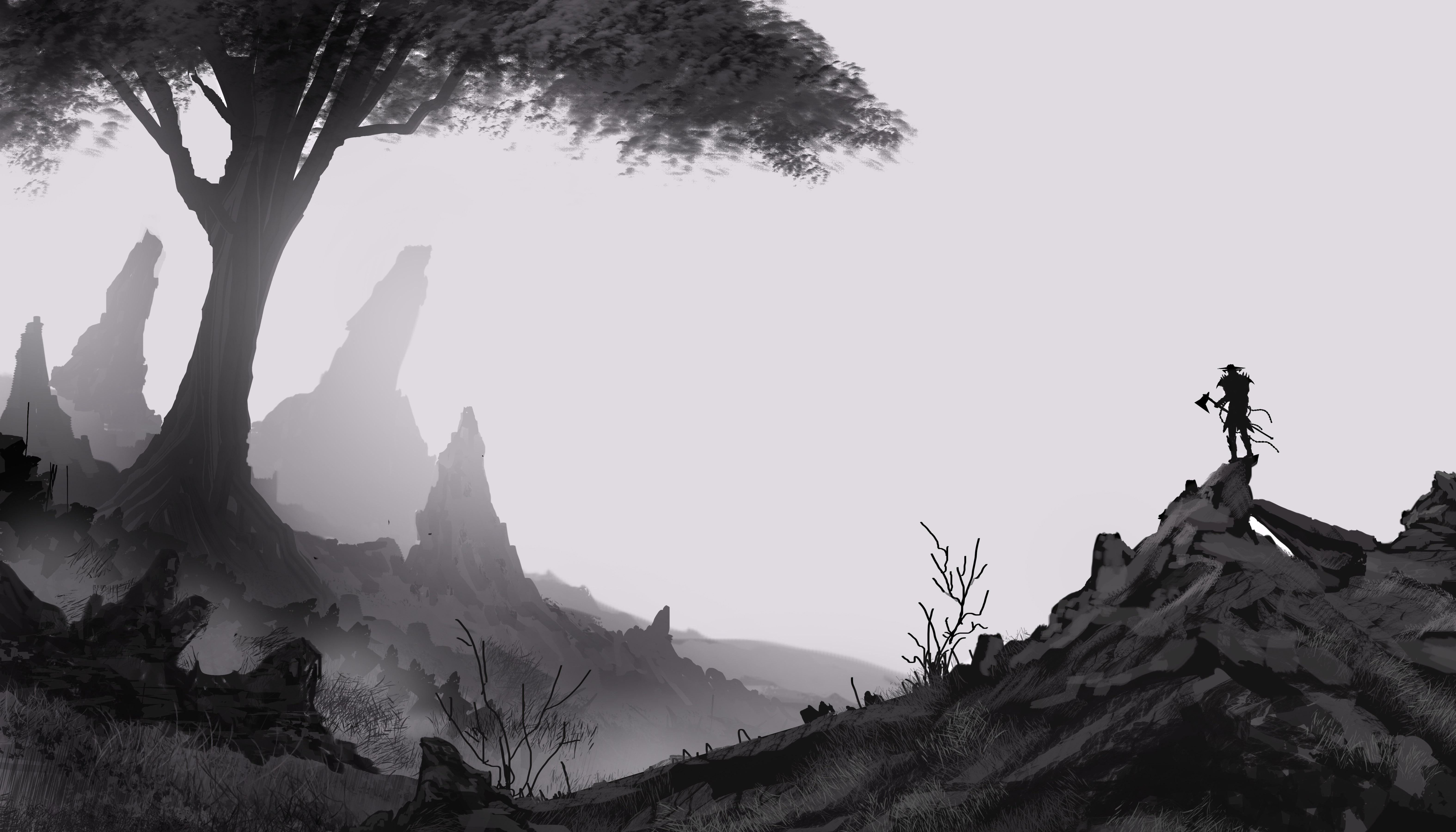 Axe, 5K, monochrome, mist, trees, HD Wallpaper