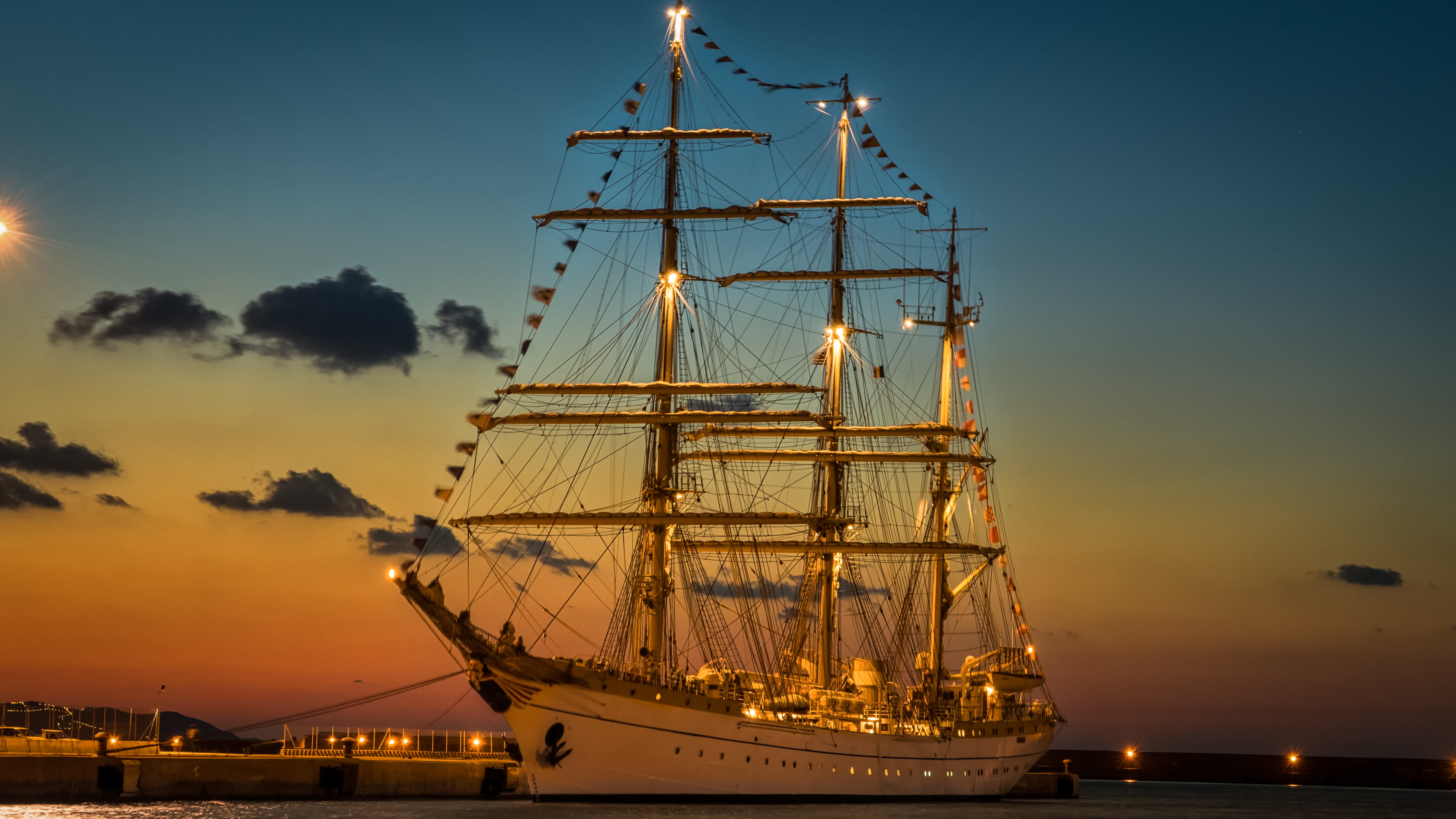 sail, lights, sky, sea water, ship, ocean cruise, cloud - sky, 5K, rigging, nautical vessel, golden sunset, water, waterfront, architecture, white, maritime, HD Wallpaper
