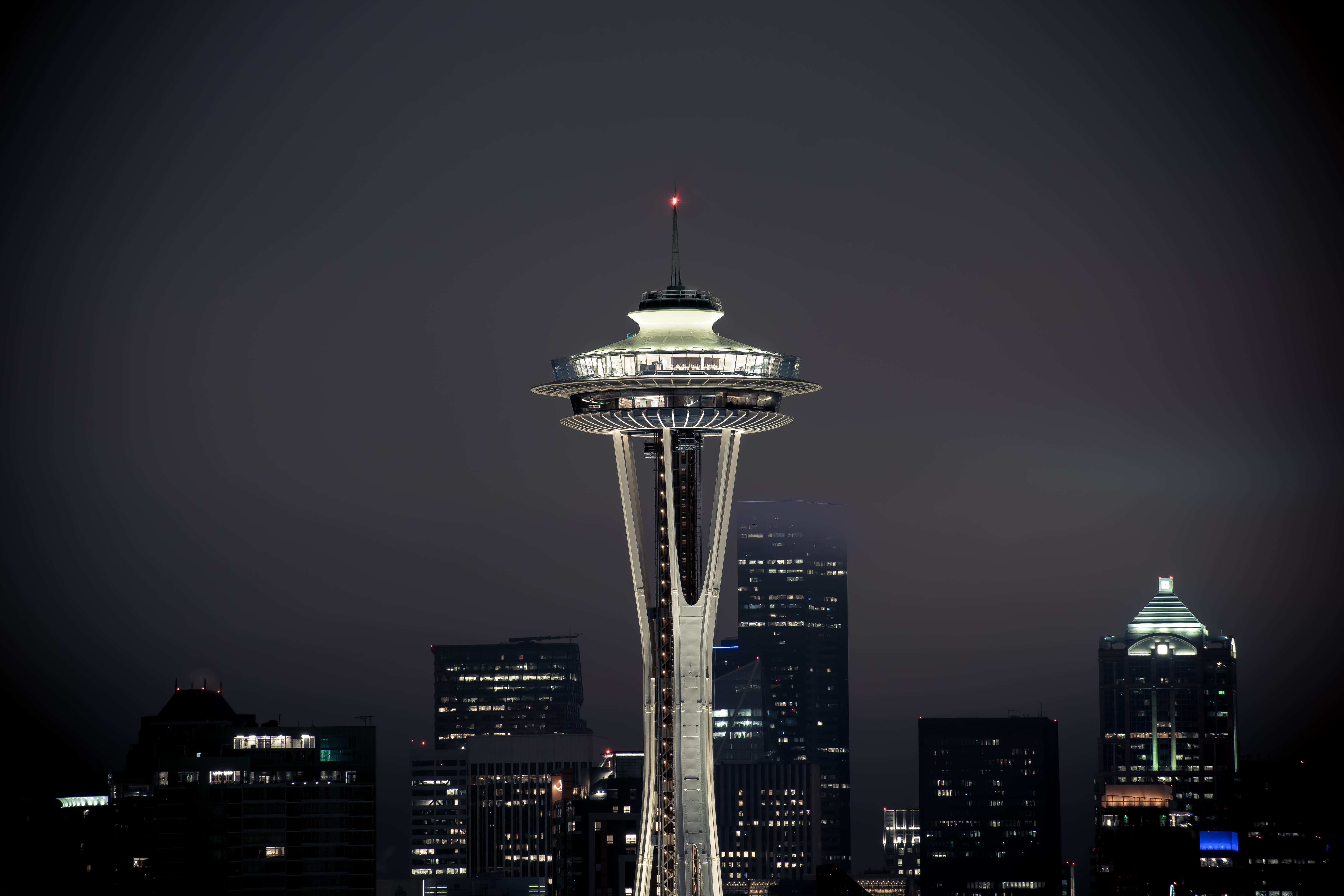 usa, built structure, seattle, space needle, outdoors, sky, global communications, city, spire, metropolis, illuminated, travel, long exposure, nature, HD Wallpaper